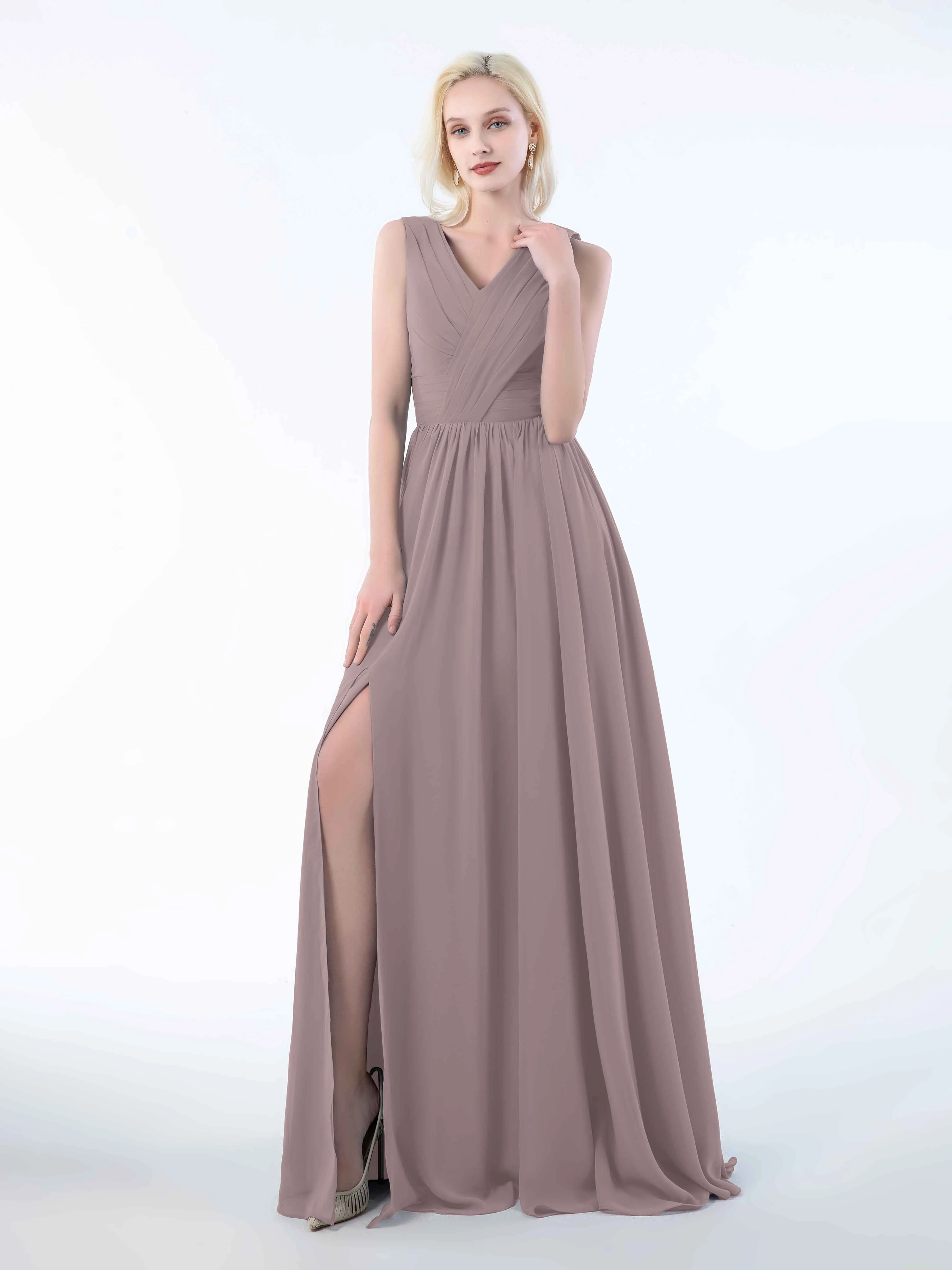 Khloe Flattering V Neck Pleated Floor Length Chiffon Bridesmaid Dresses