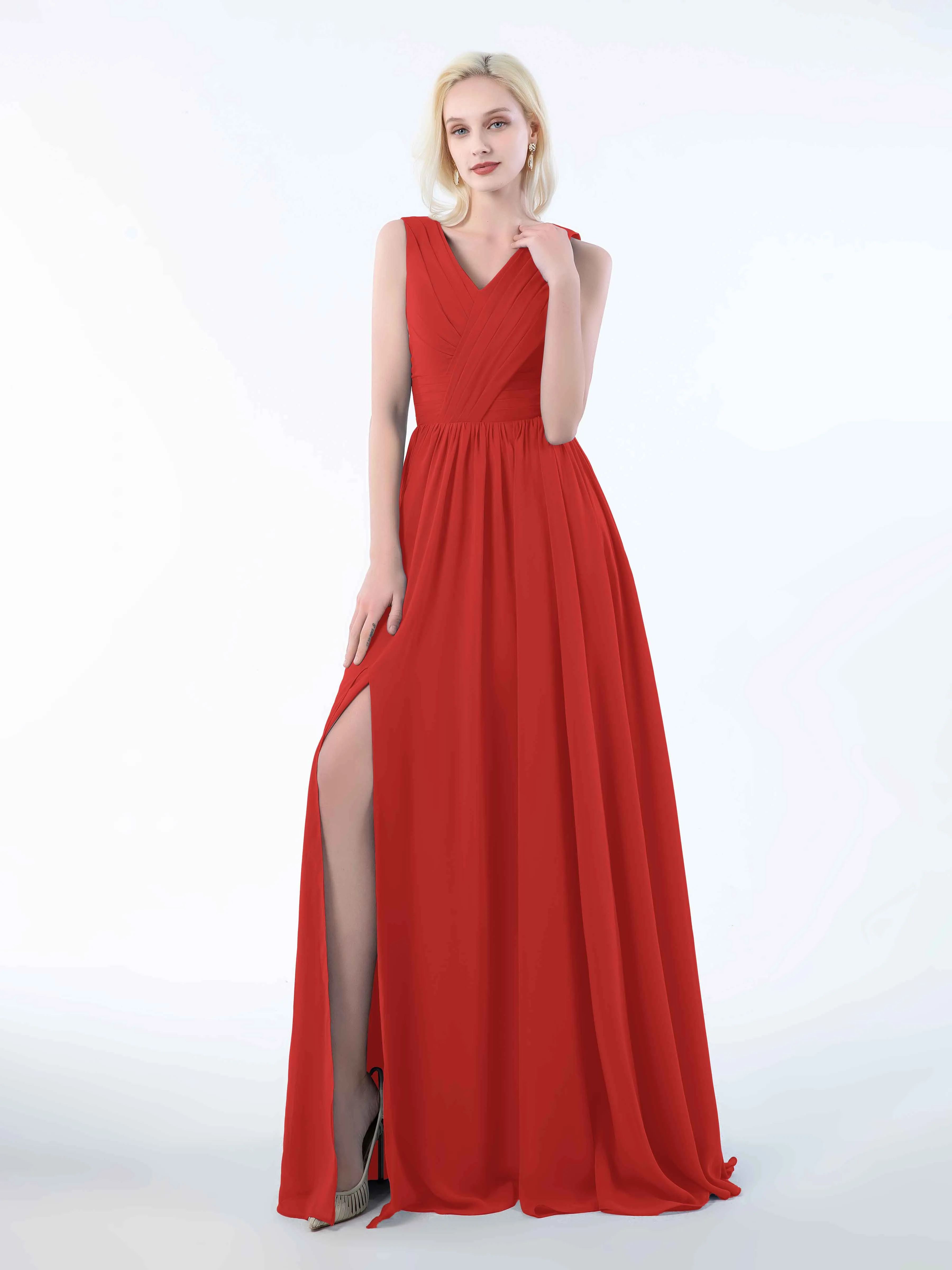 Khloe Flattering V Neck Pleated Floor Length Chiffon Bridesmaid Dresses