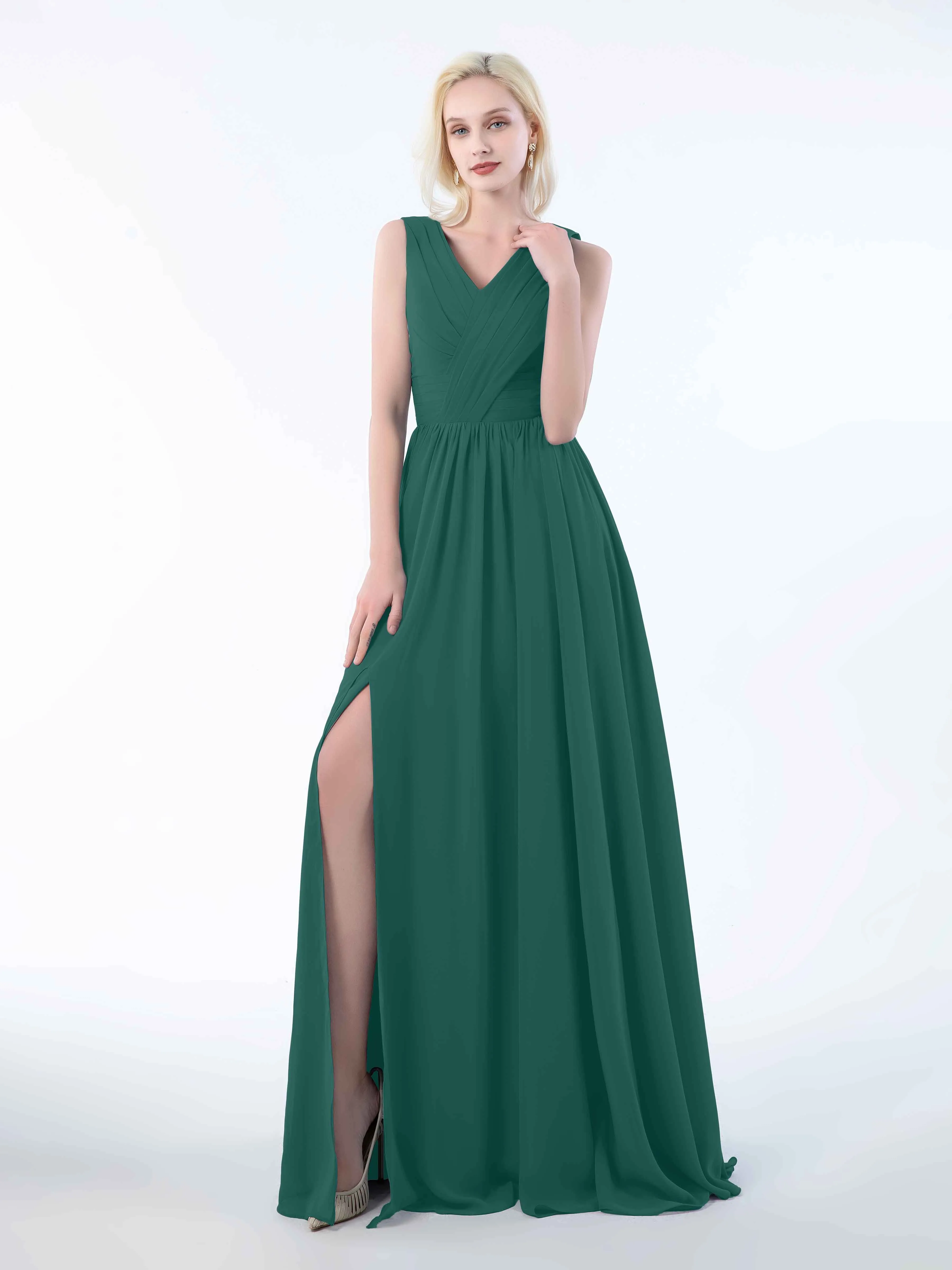 Khloe Flattering V Neck Pleated Floor Length Chiffon Bridesmaid Dresses