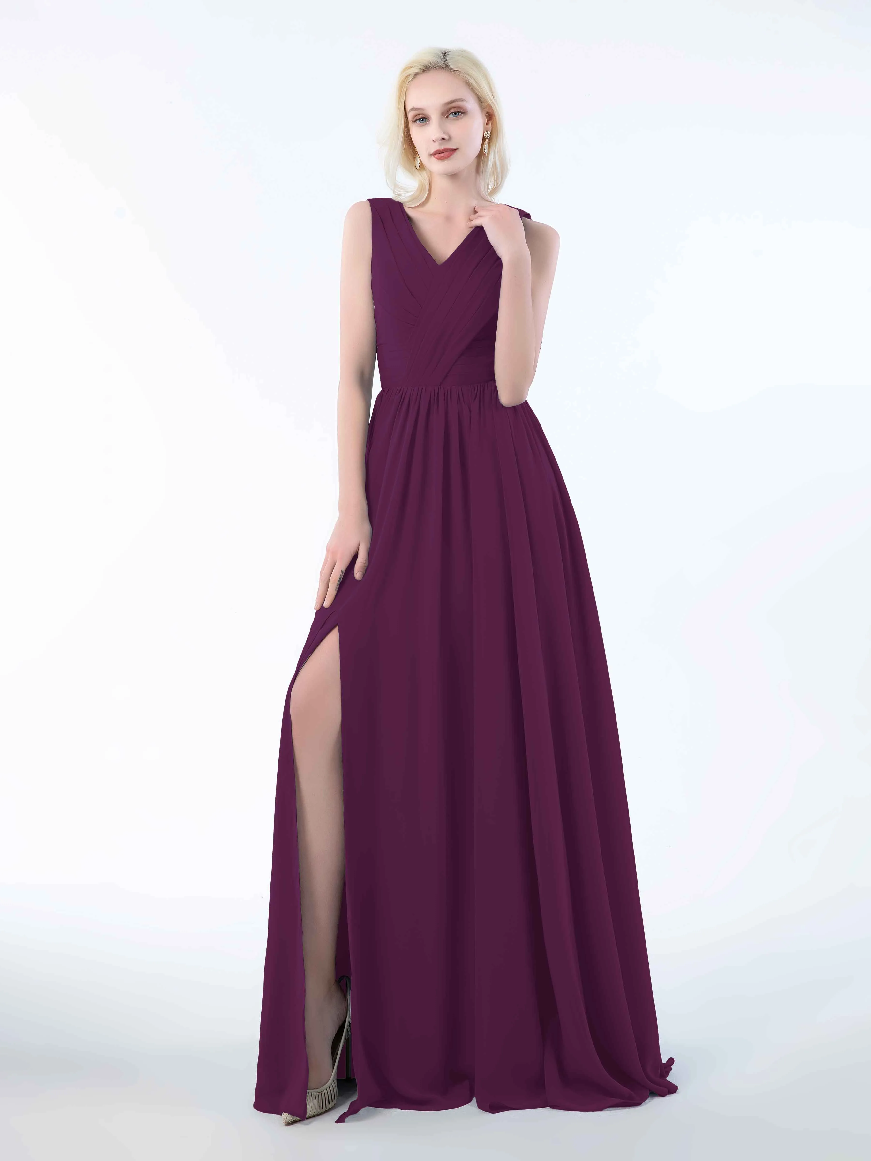 Khloe Flattering V Neck Pleated Floor Length Chiffon Bridesmaid Dresses