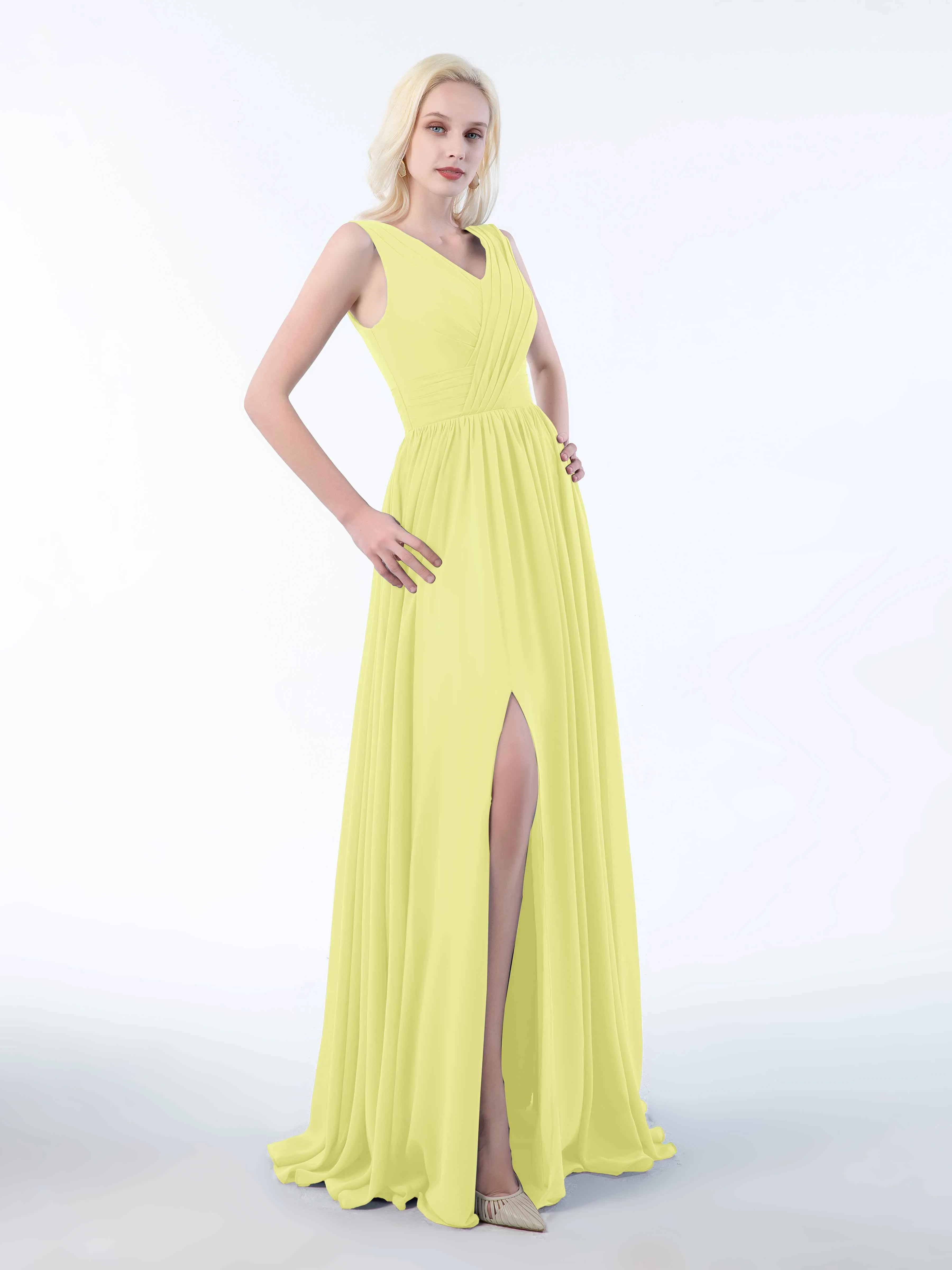 Khloe Flattering V Neck Pleated Floor Length Chiffon Bridesmaid Dresses