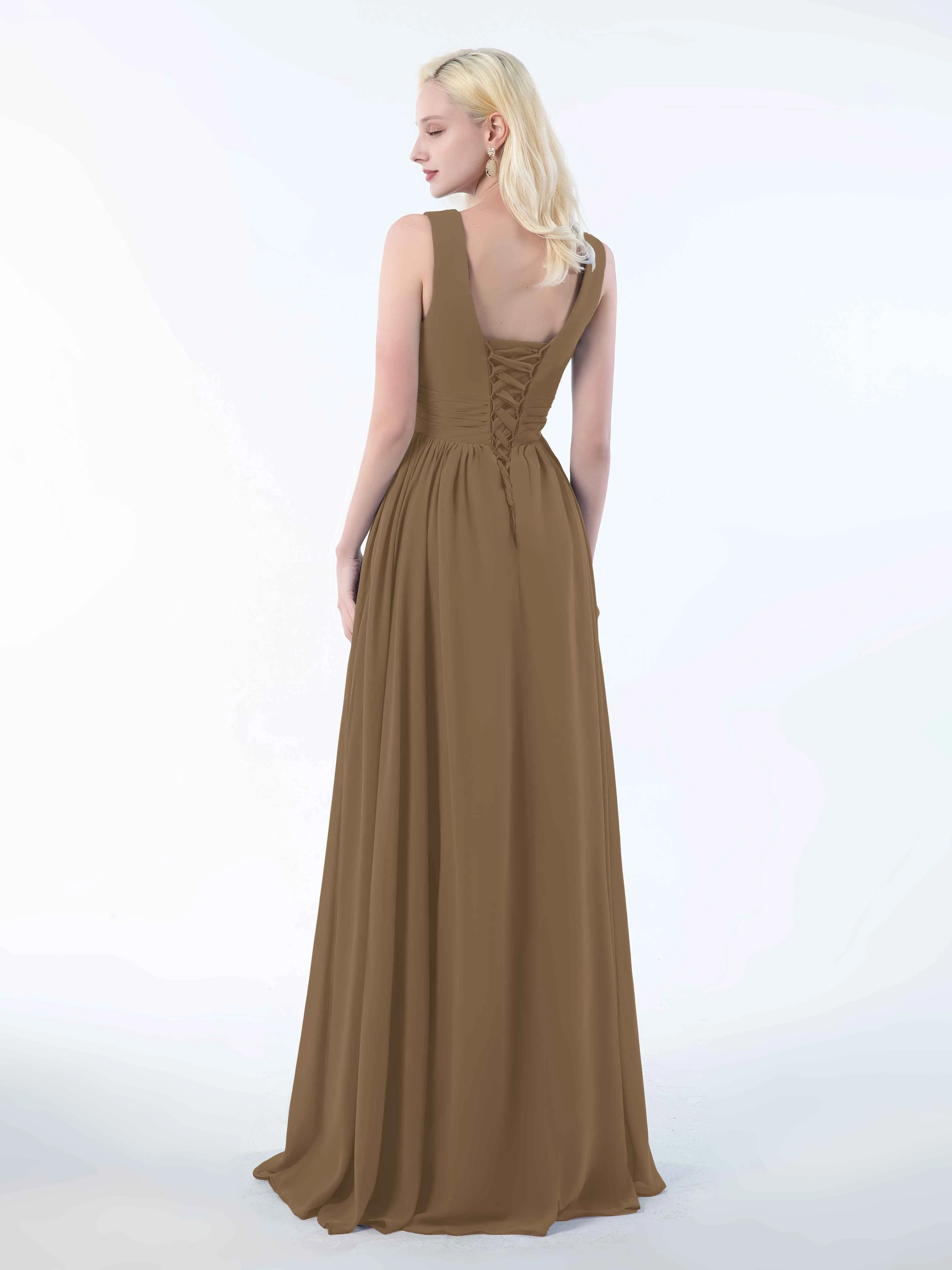 Khloe Flattering V Neck Pleated Floor Length Chiffon Bridesmaid Dresses