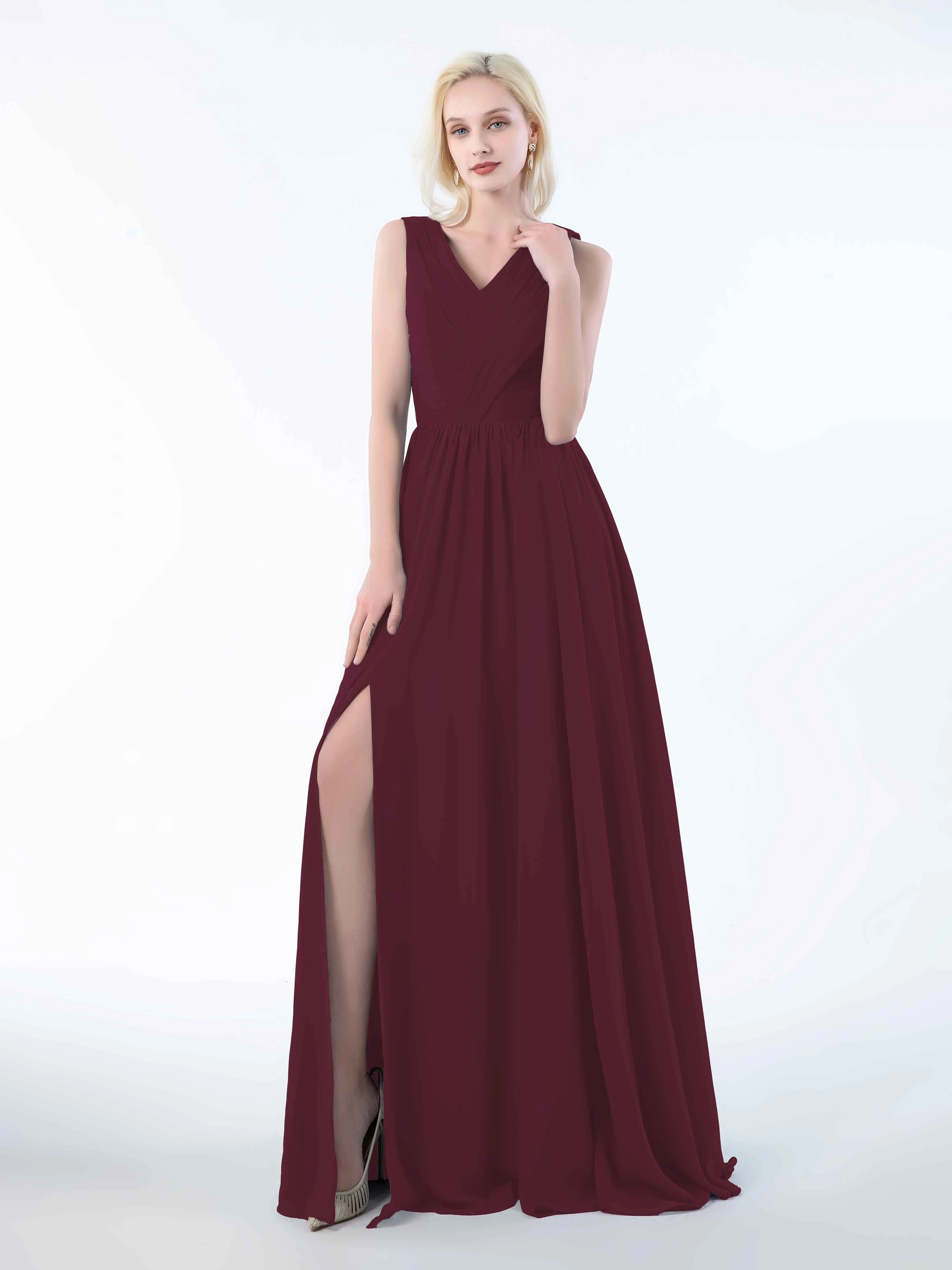 Khloe Flattering V Neck Pleated Floor Length Chiffon Bridesmaid Dresses