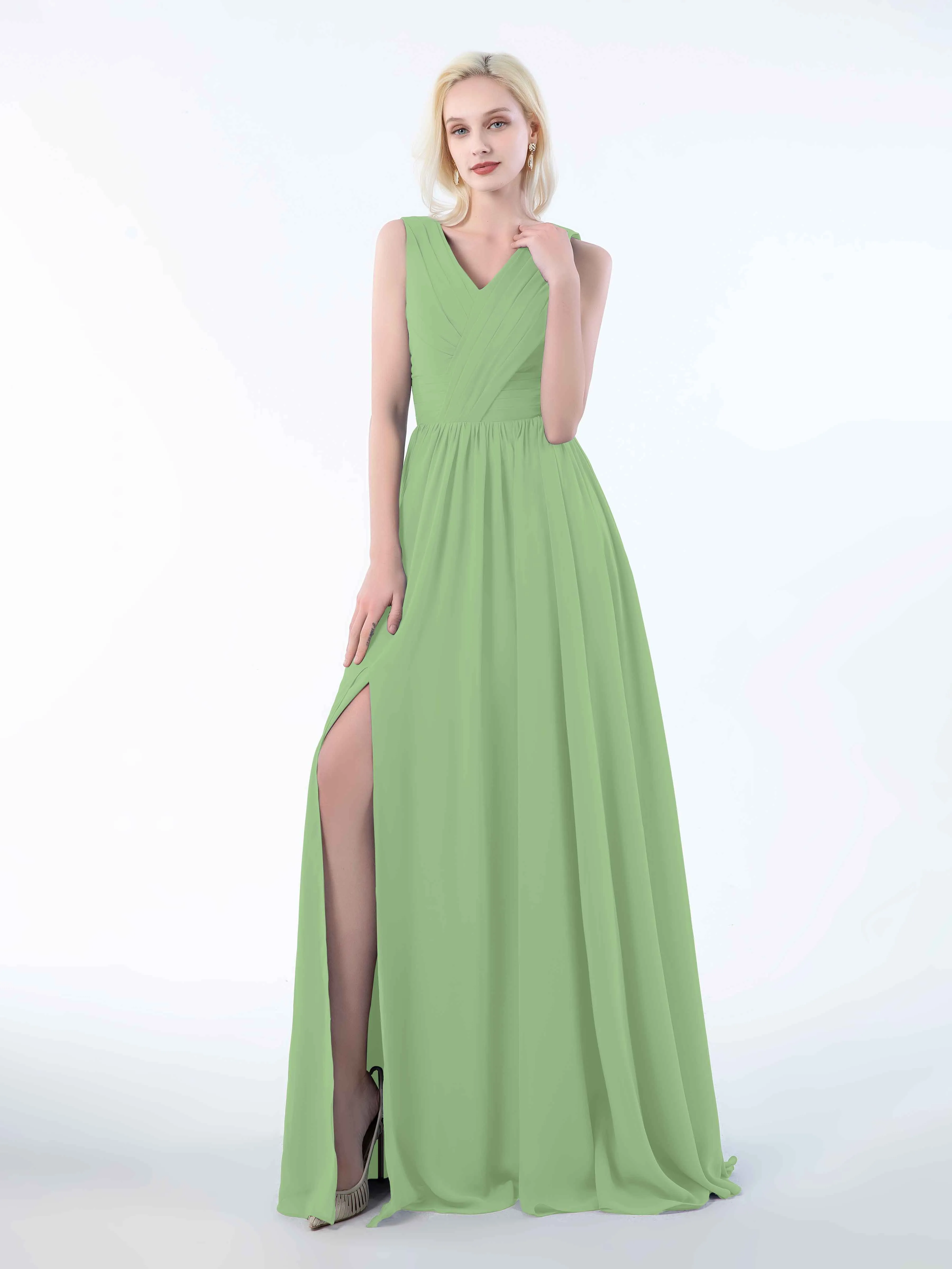 Khloe Flattering V Neck Pleated Floor Length Chiffon Bridesmaid Dresses