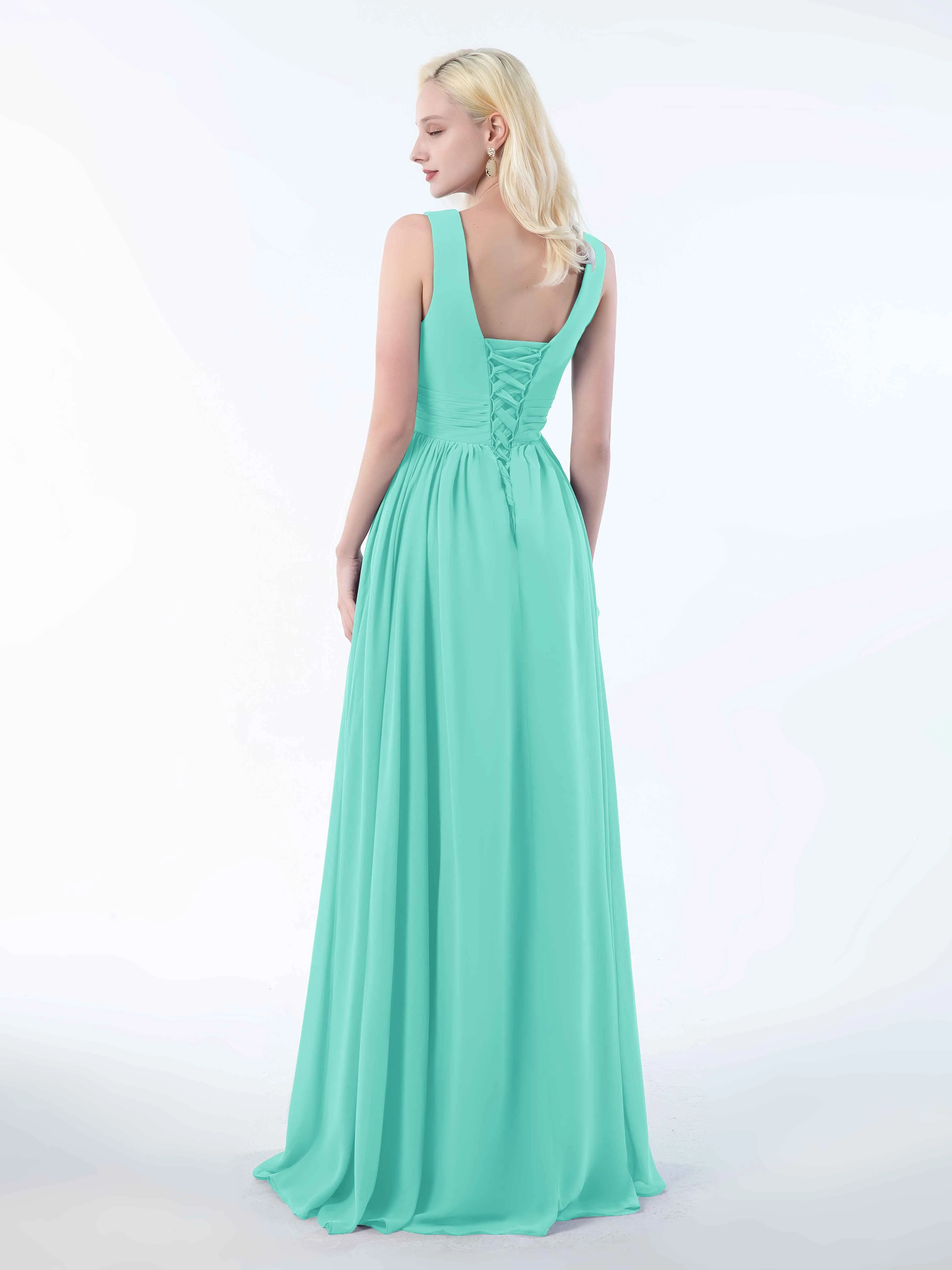 Khloe Flattering V Neck Pleated Floor Length Chiffon Bridesmaid Dresses