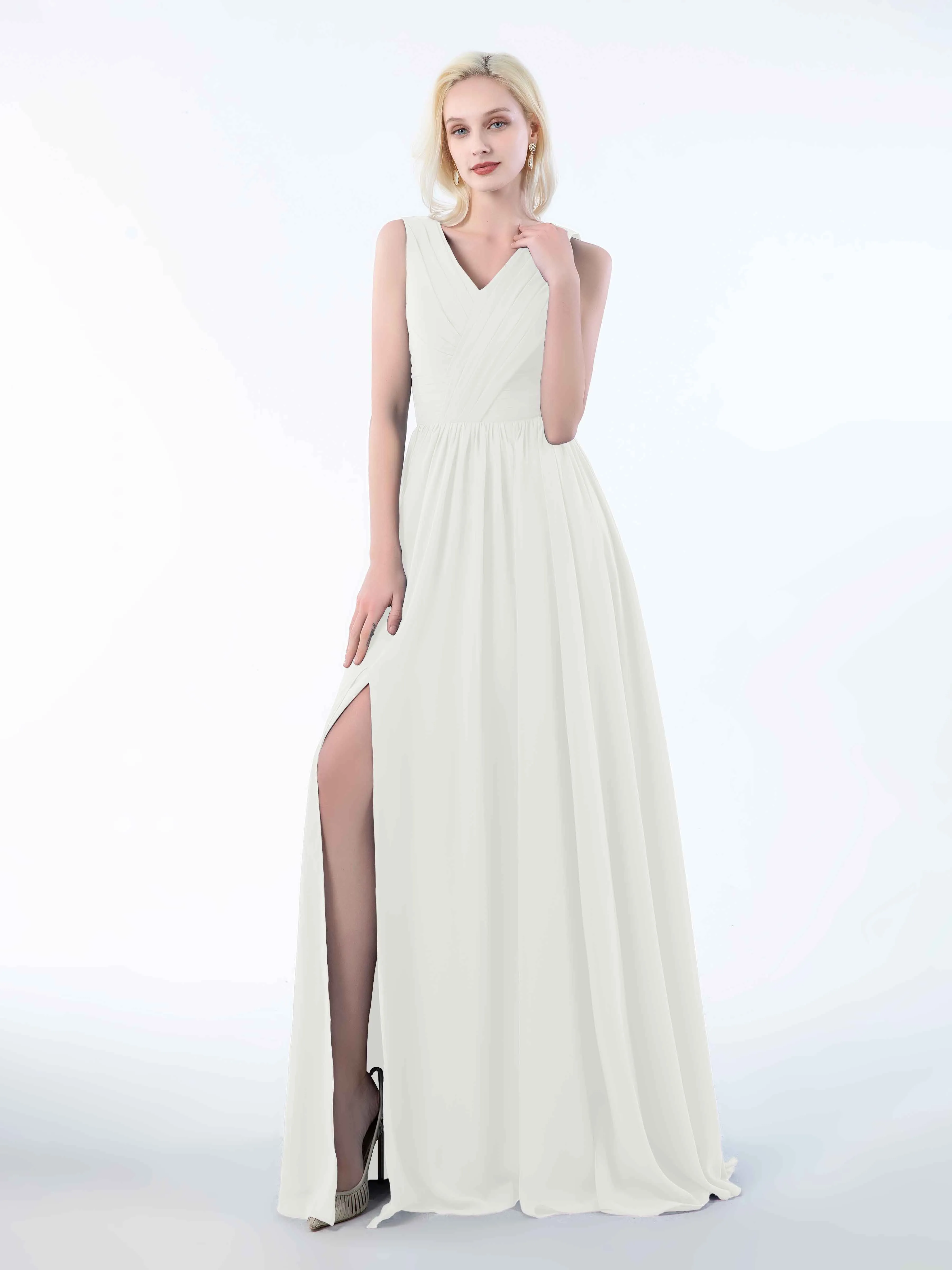 Khloe Flattering V Neck Pleated Floor Length Chiffon Bridesmaid Dresses