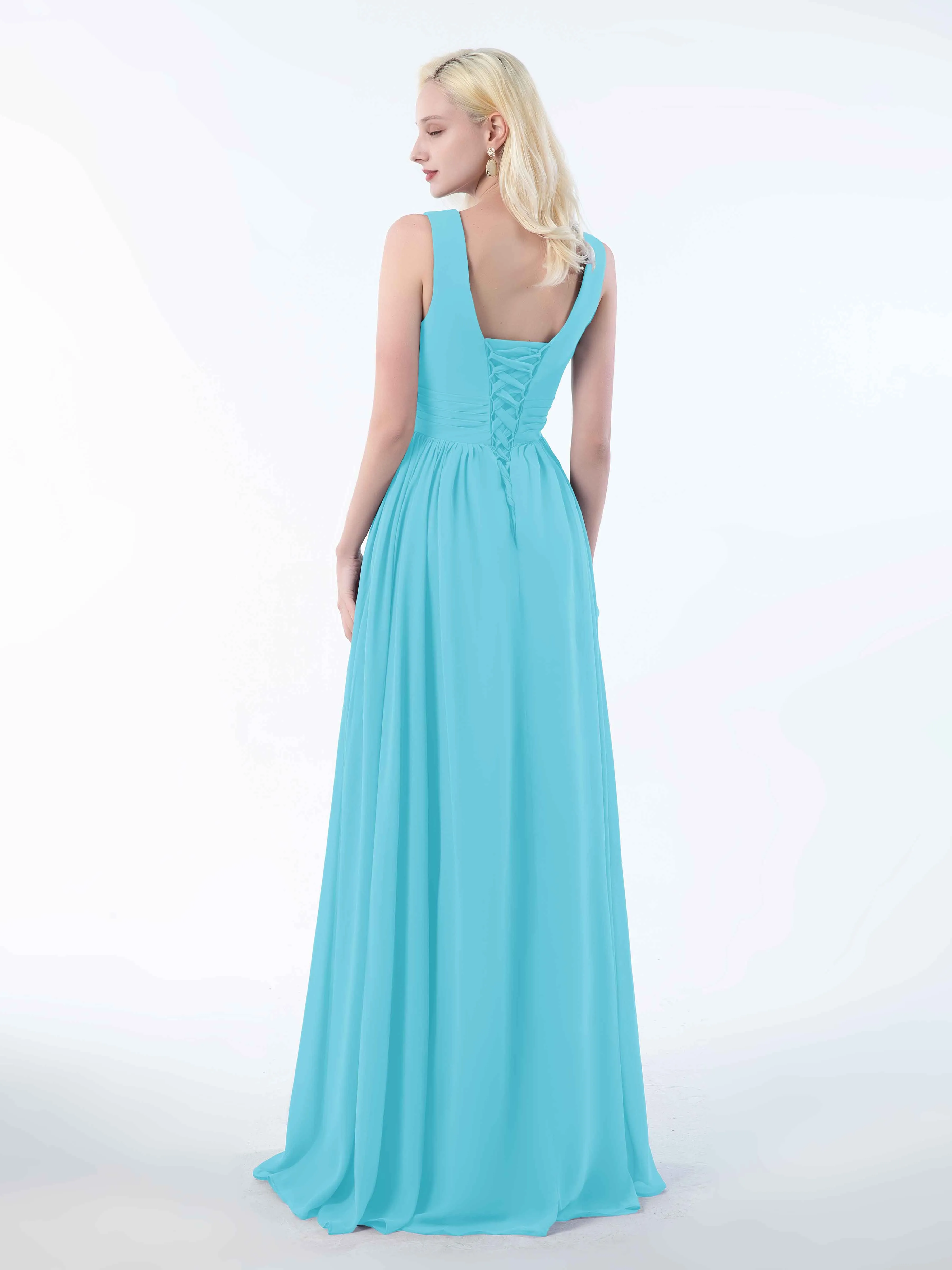 Khloe Flattering V Neck Pleated Floor Length Chiffon Bridesmaid Dresses
