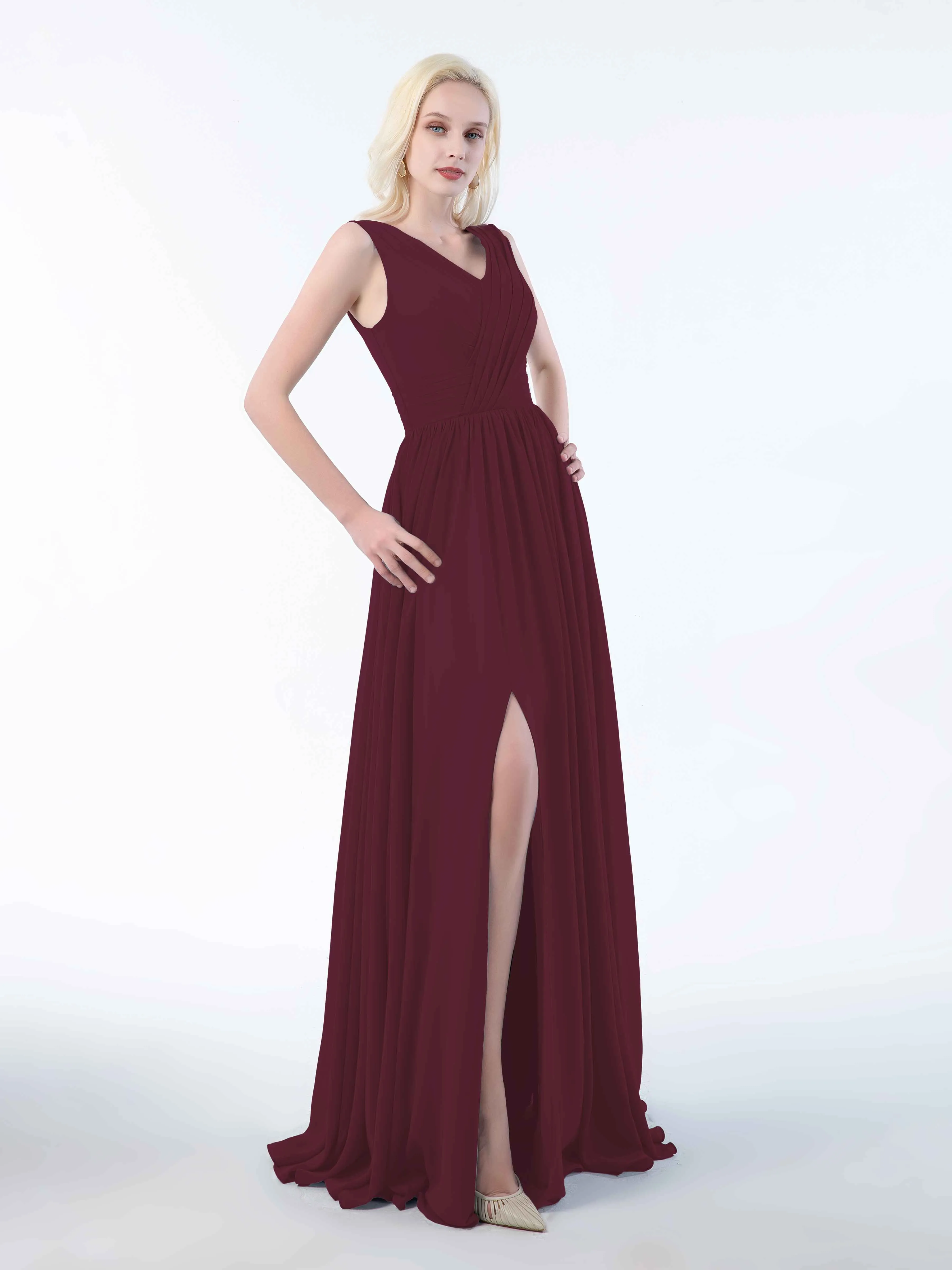 Khloe Flattering V Neck Pleated Floor Length Chiffon Bridesmaid Dresses