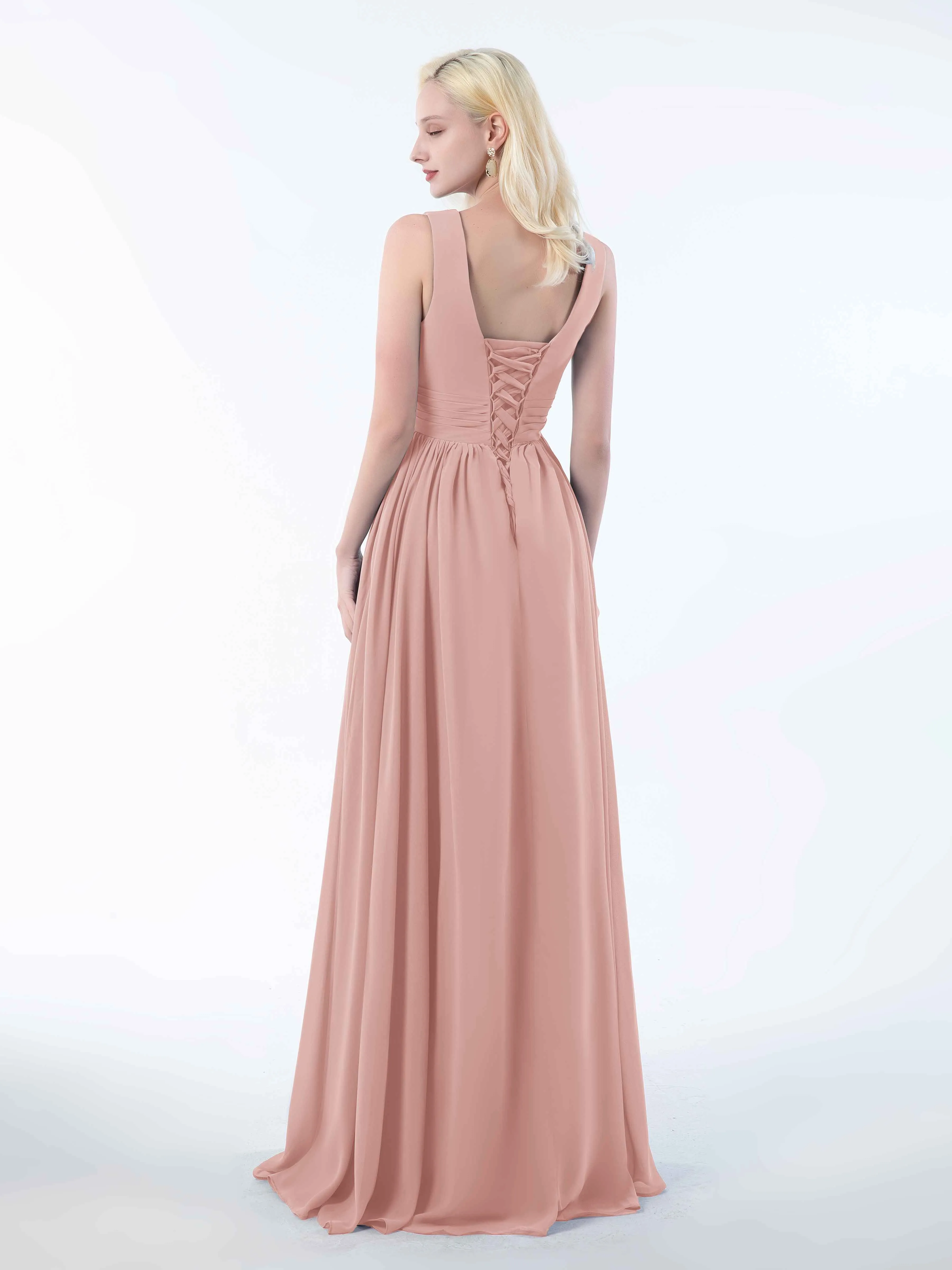 Khloe Flattering V Neck Pleated Floor Length Chiffon Bridesmaid Dresses