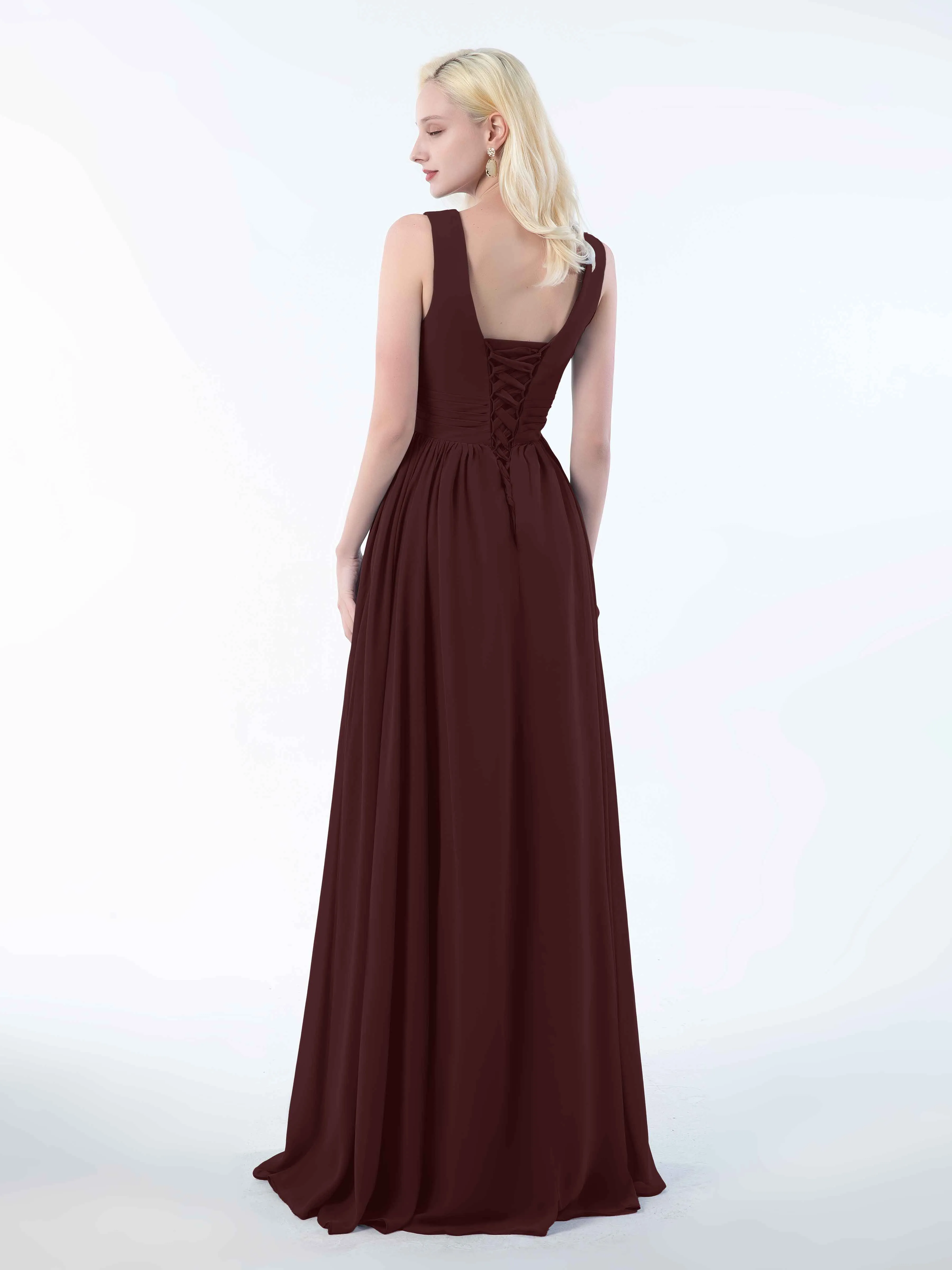 Khloe Flattering V Neck Pleated Floor Length Chiffon Bridesmaid Dresses