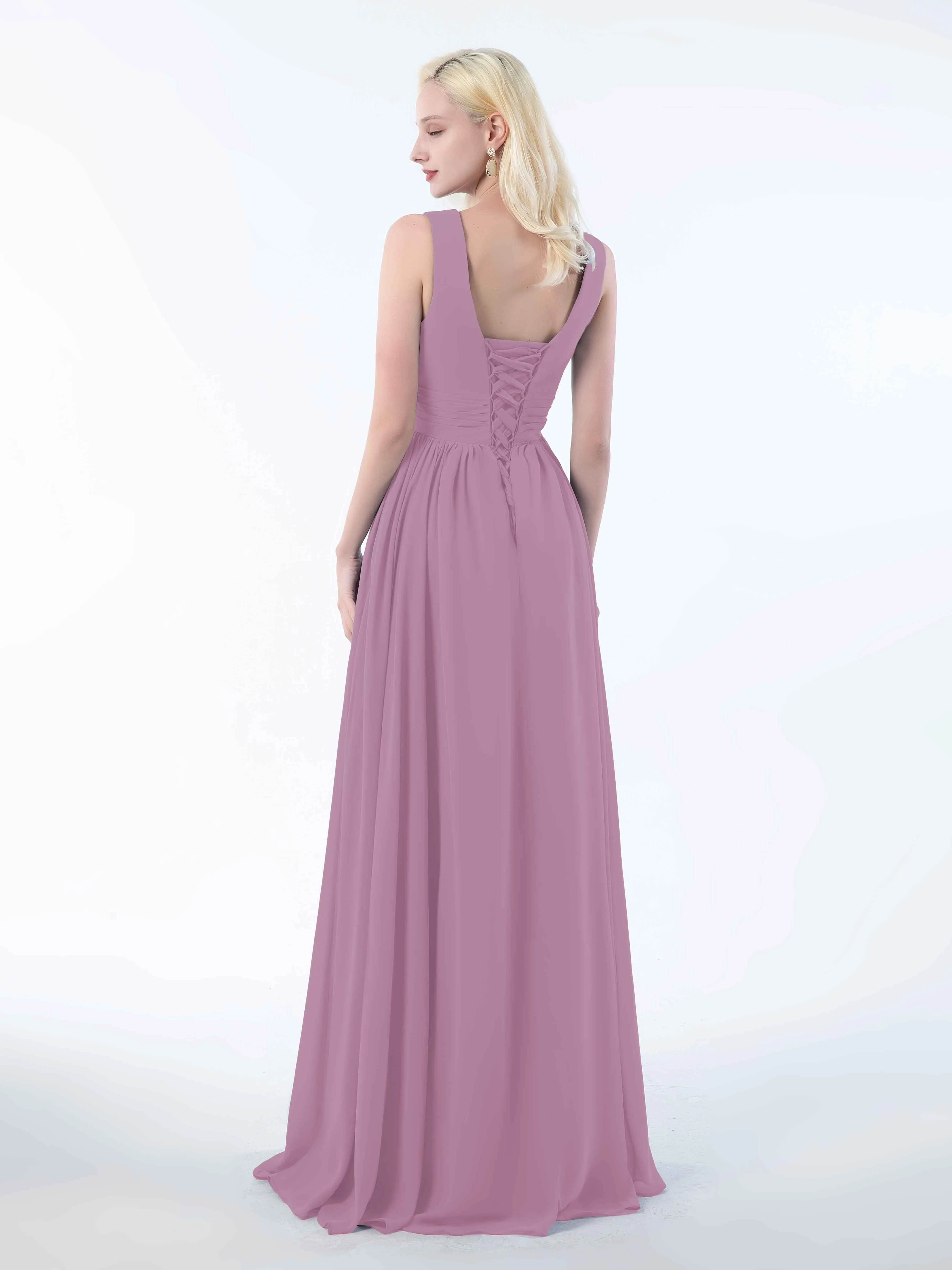 Khloe Flattering V Neck Pleated Floor Length Chiffon Bridesmaid Dresses