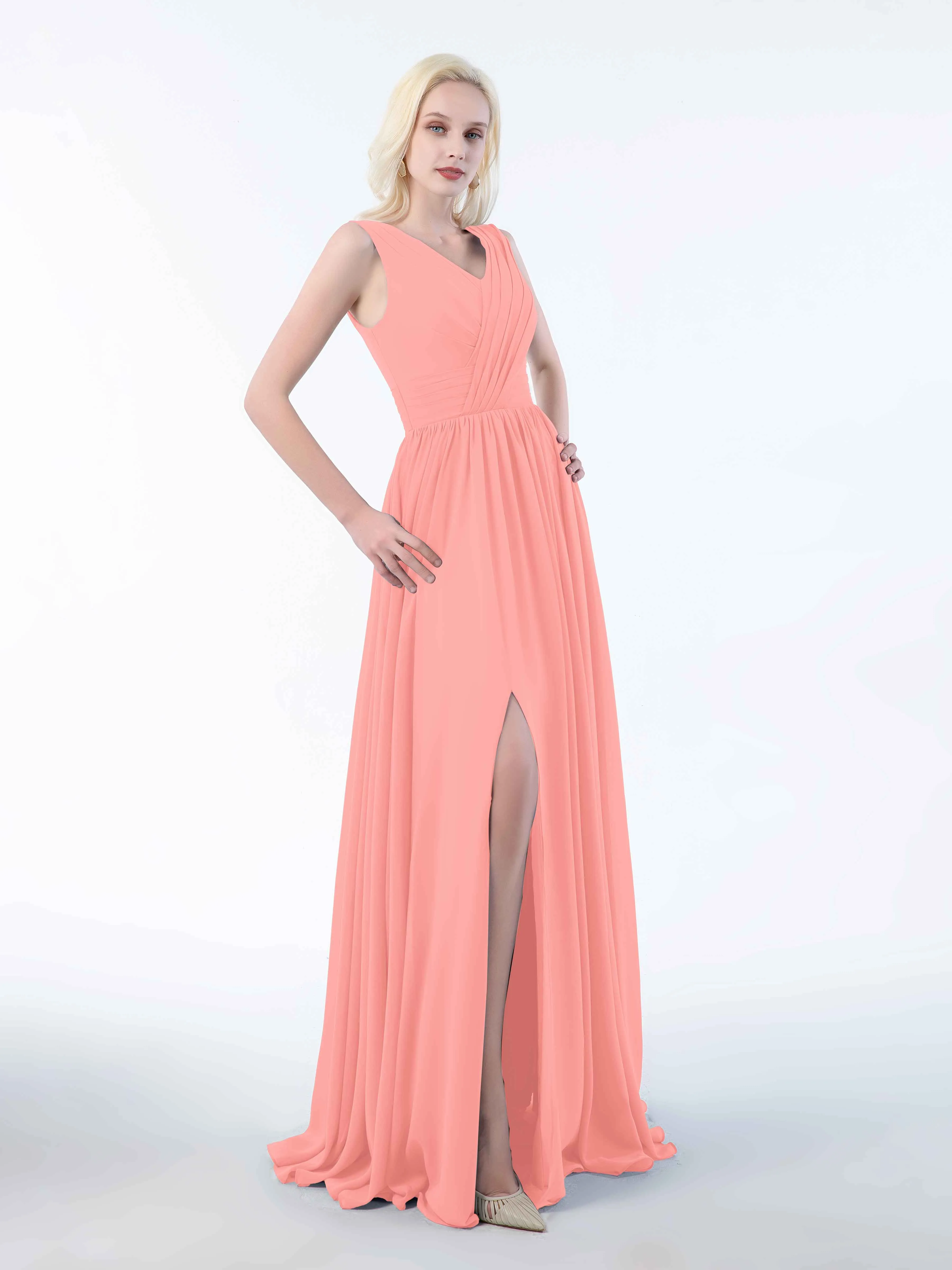Khloe Flattering V Neck Pleated Floor Length Chiffon Bridesmaid Dresses