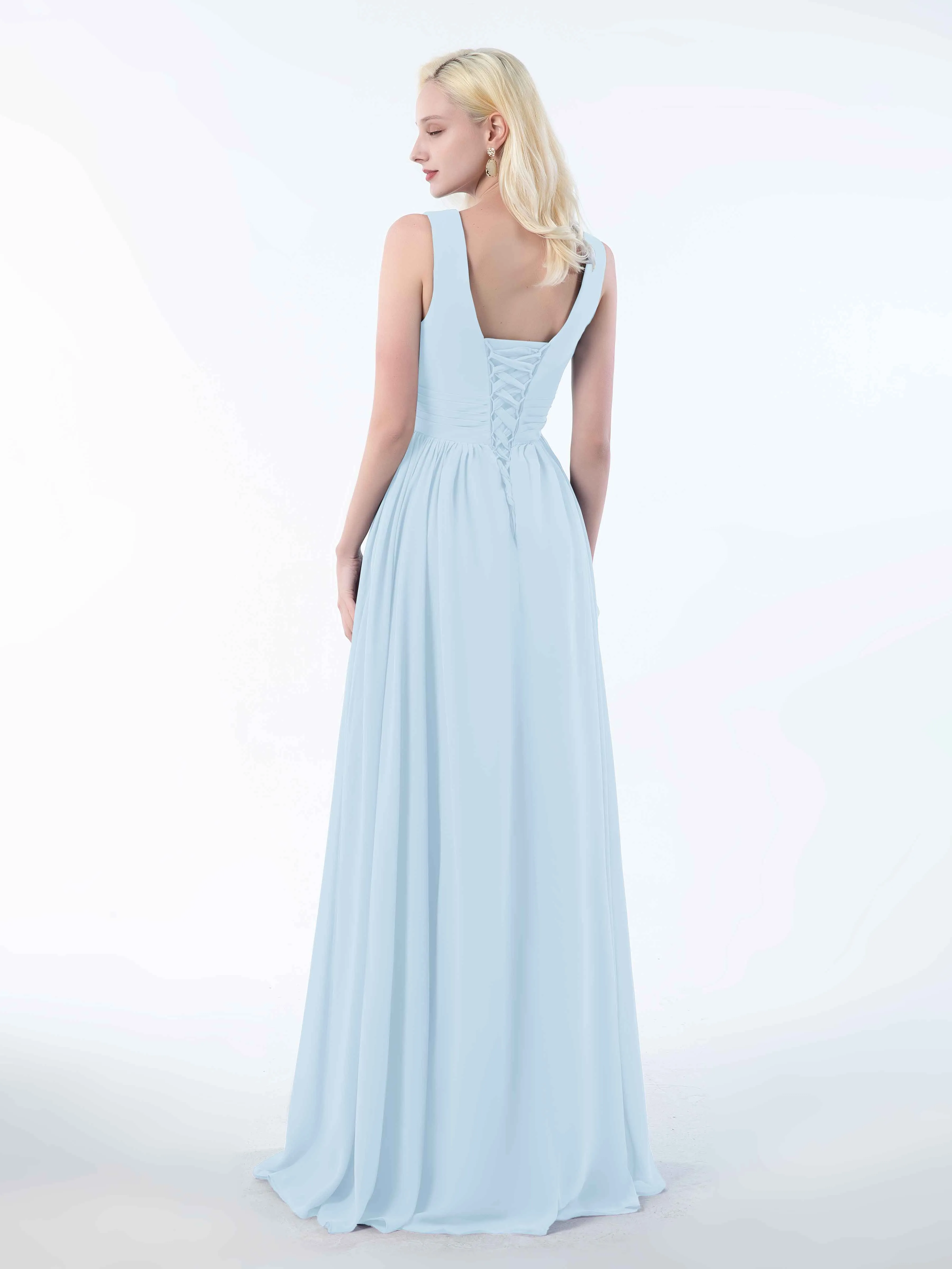 Khloe Flattering V Neck Pleated Floor Length Chiffon Bridesmaid Dresses