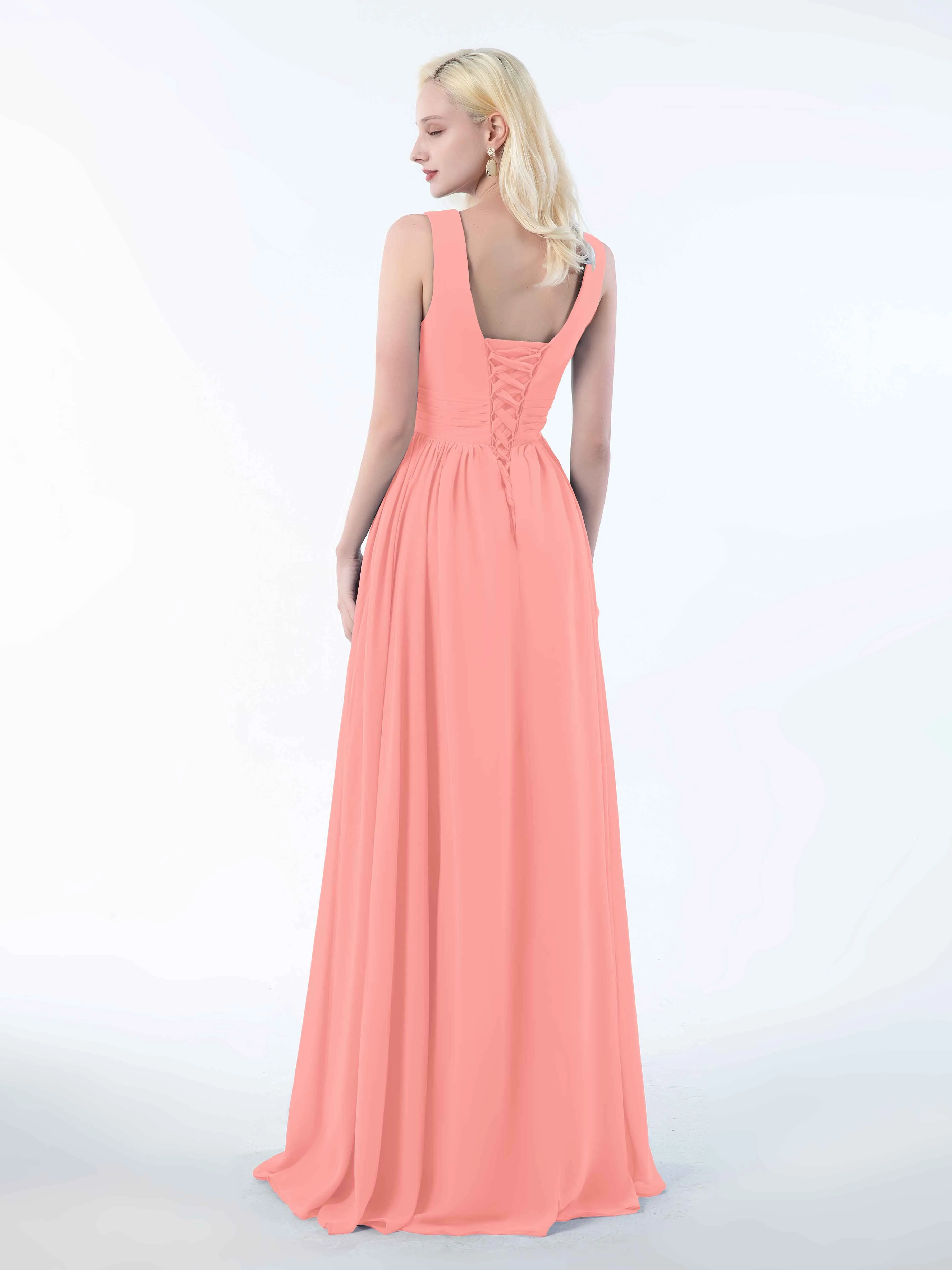 Khloe Flattering V Neck Pleated Floor Length Chiffon Bridesmaid Dresses