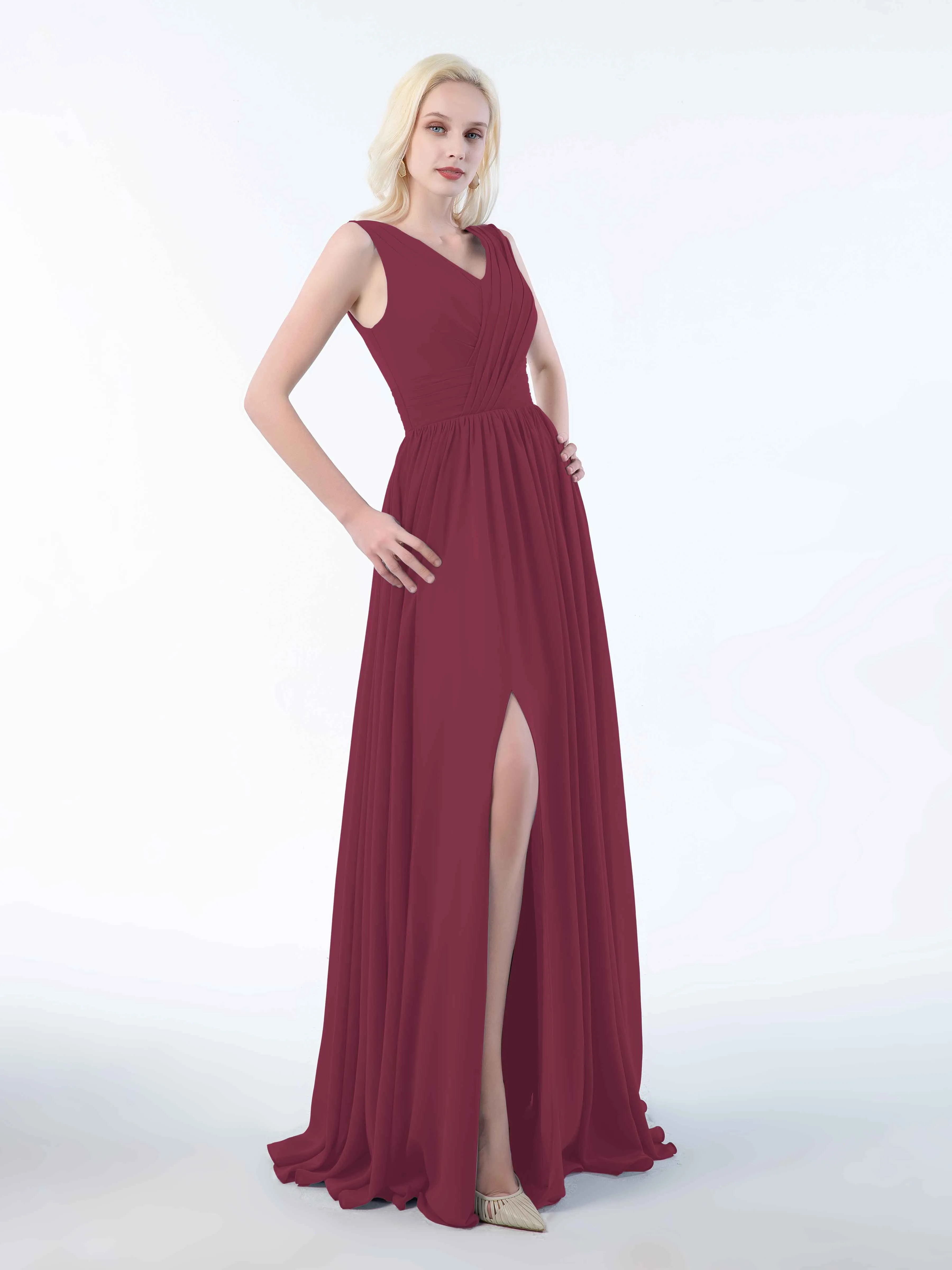 Khloe Flattering V Neck Pleated Floor Length Chiffon Bridesmaid Dresses