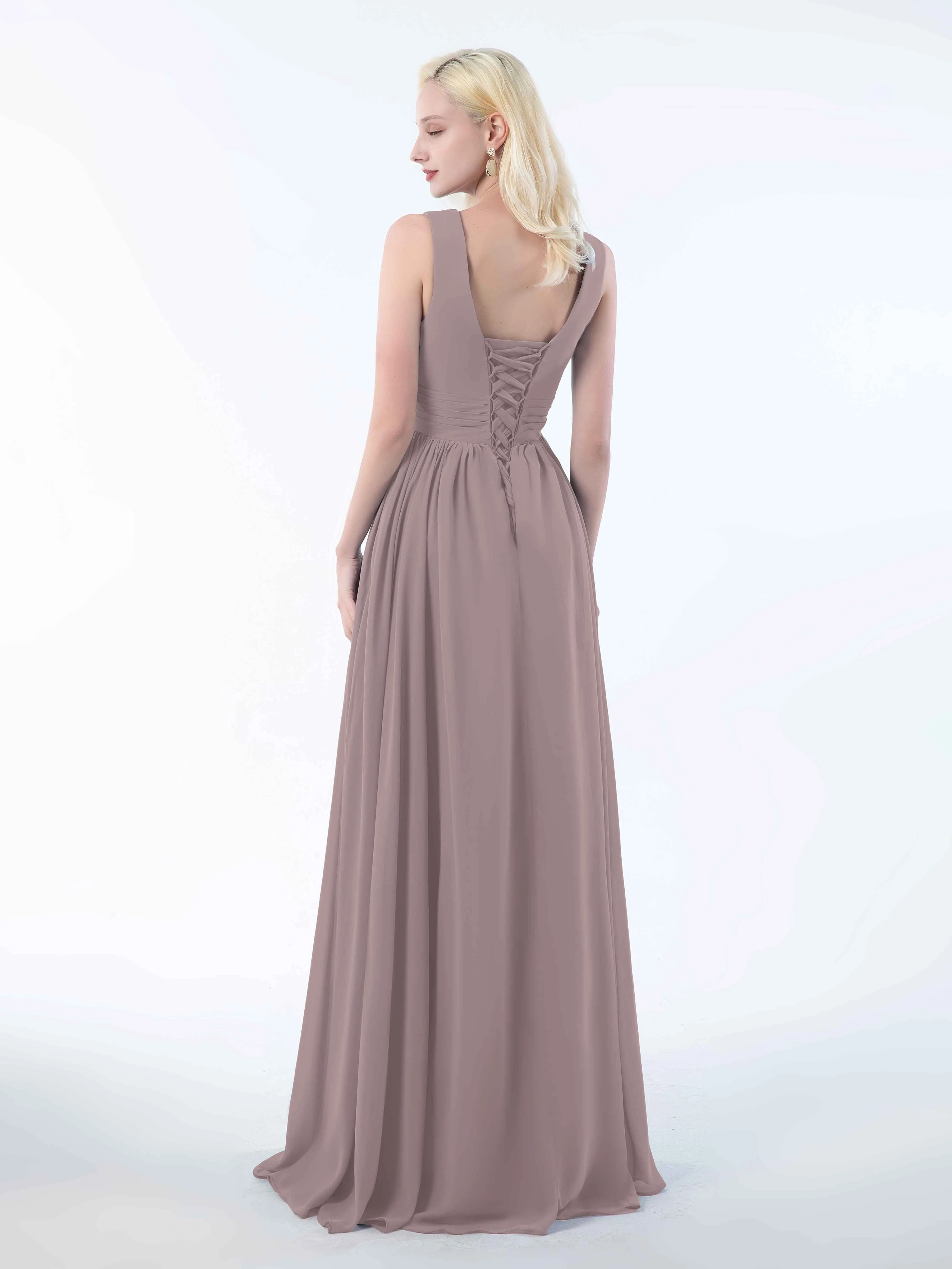Khloe Flattering V Neck Pleated Floor Length Chiffon Bridesmaid Dresses