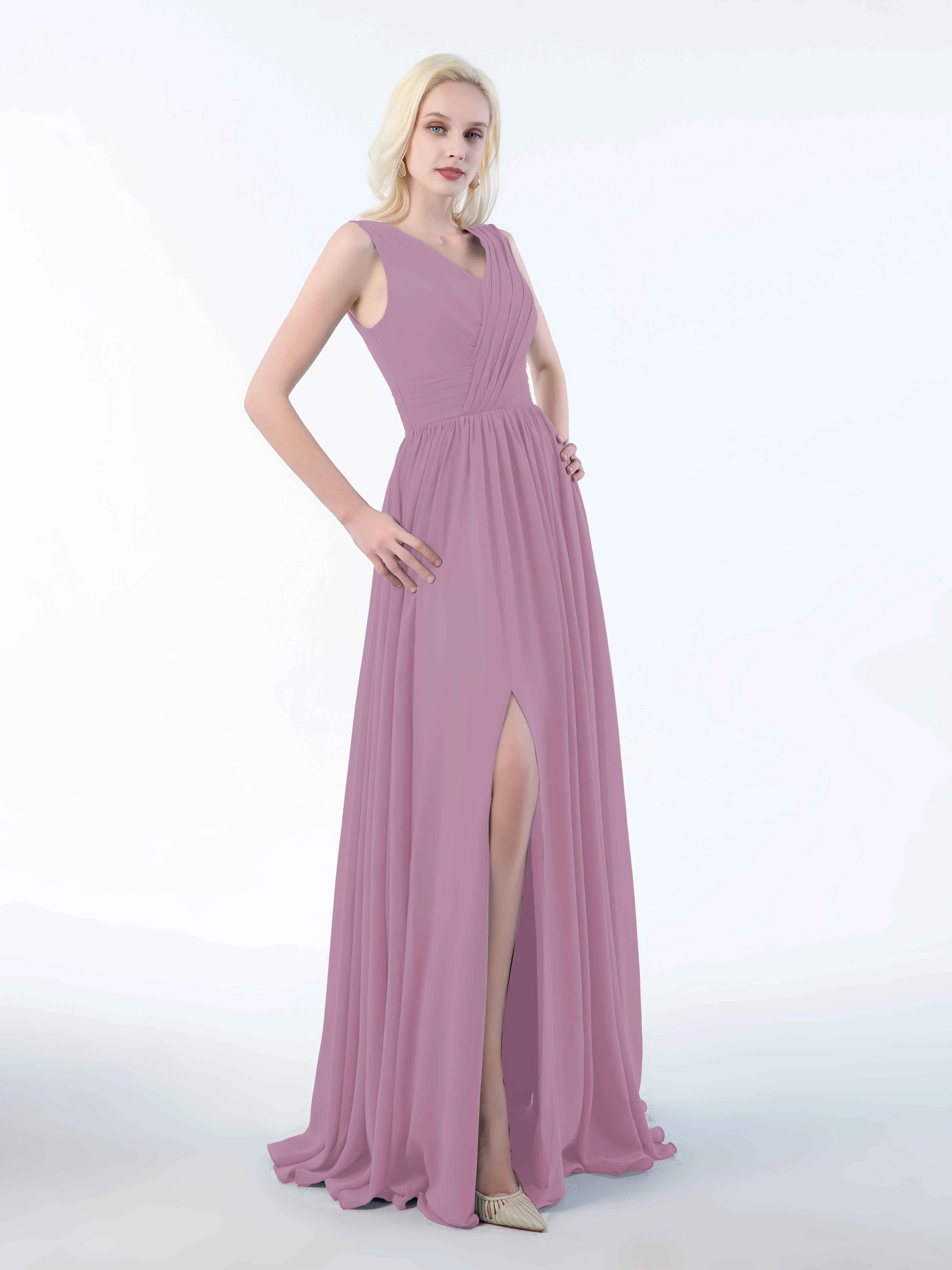 Khloe Flattering V Neck Pleated Floor Length Chiffon Bridesmaid Dresses