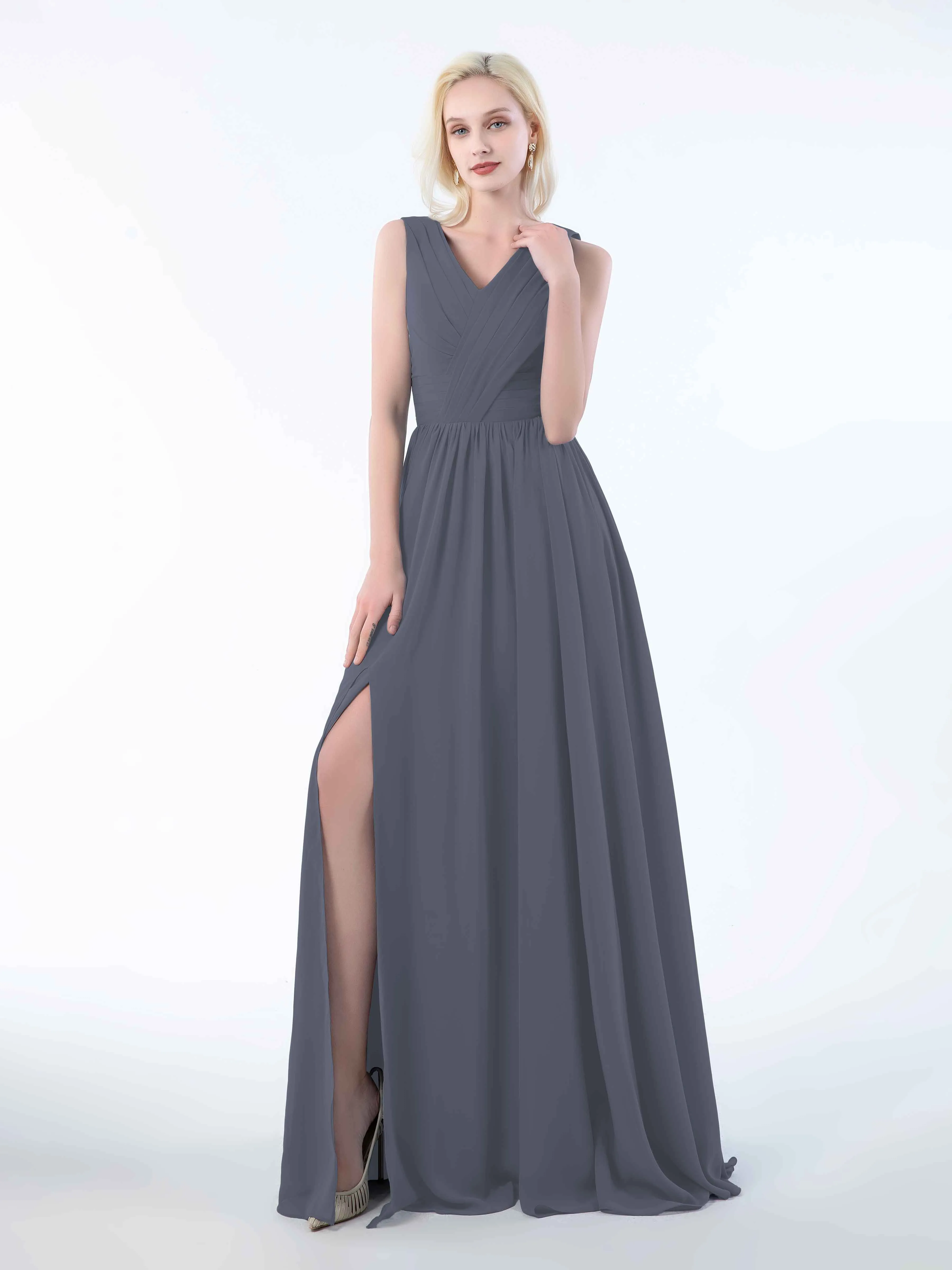 Khloe Flattering V Neck Pleated Floor Length Chiffon Bridesmaid Dresses