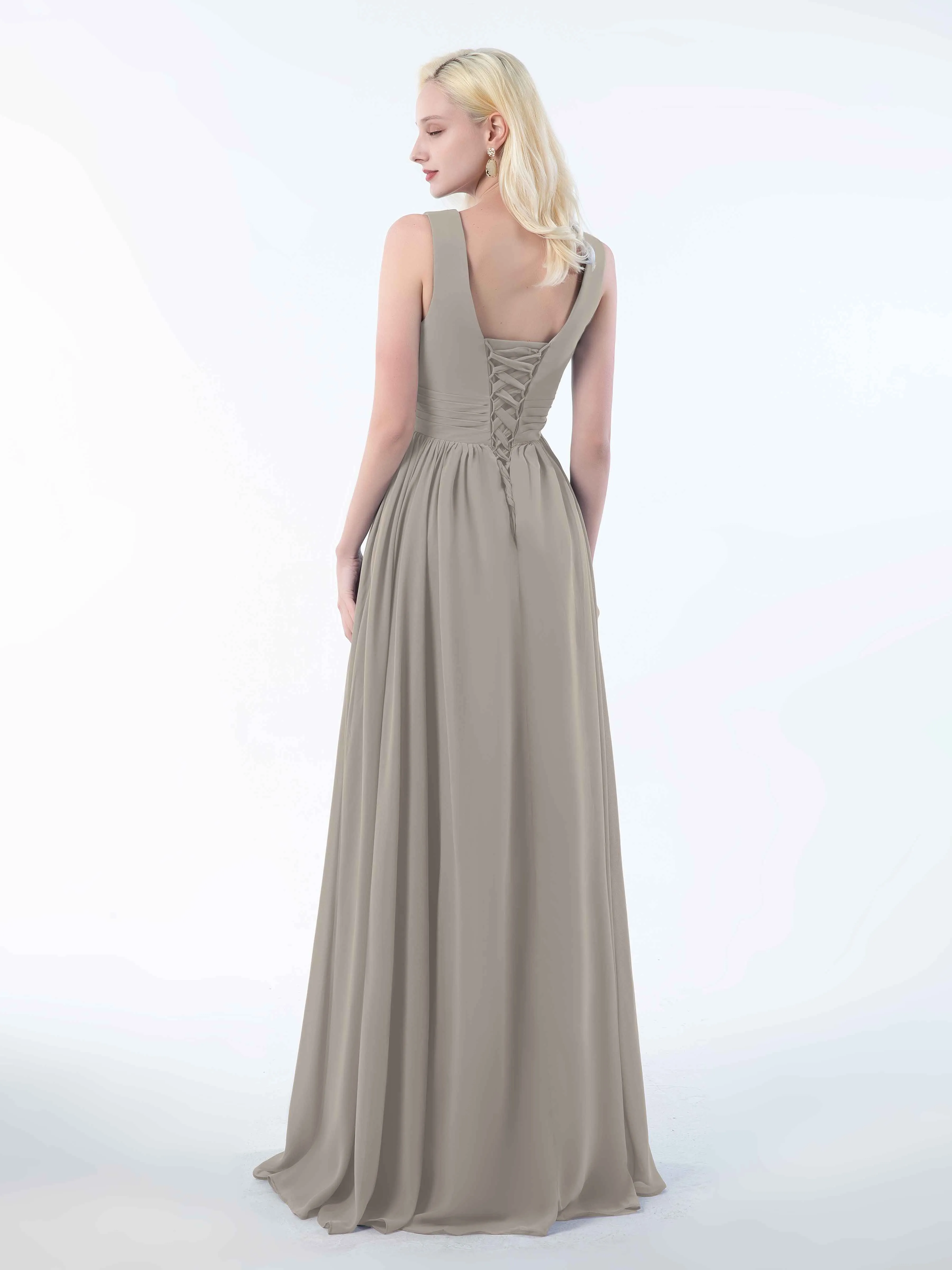 Khloe Flattering V Neck Pleated Floor Length Chiffon Bridesmaid Dresses