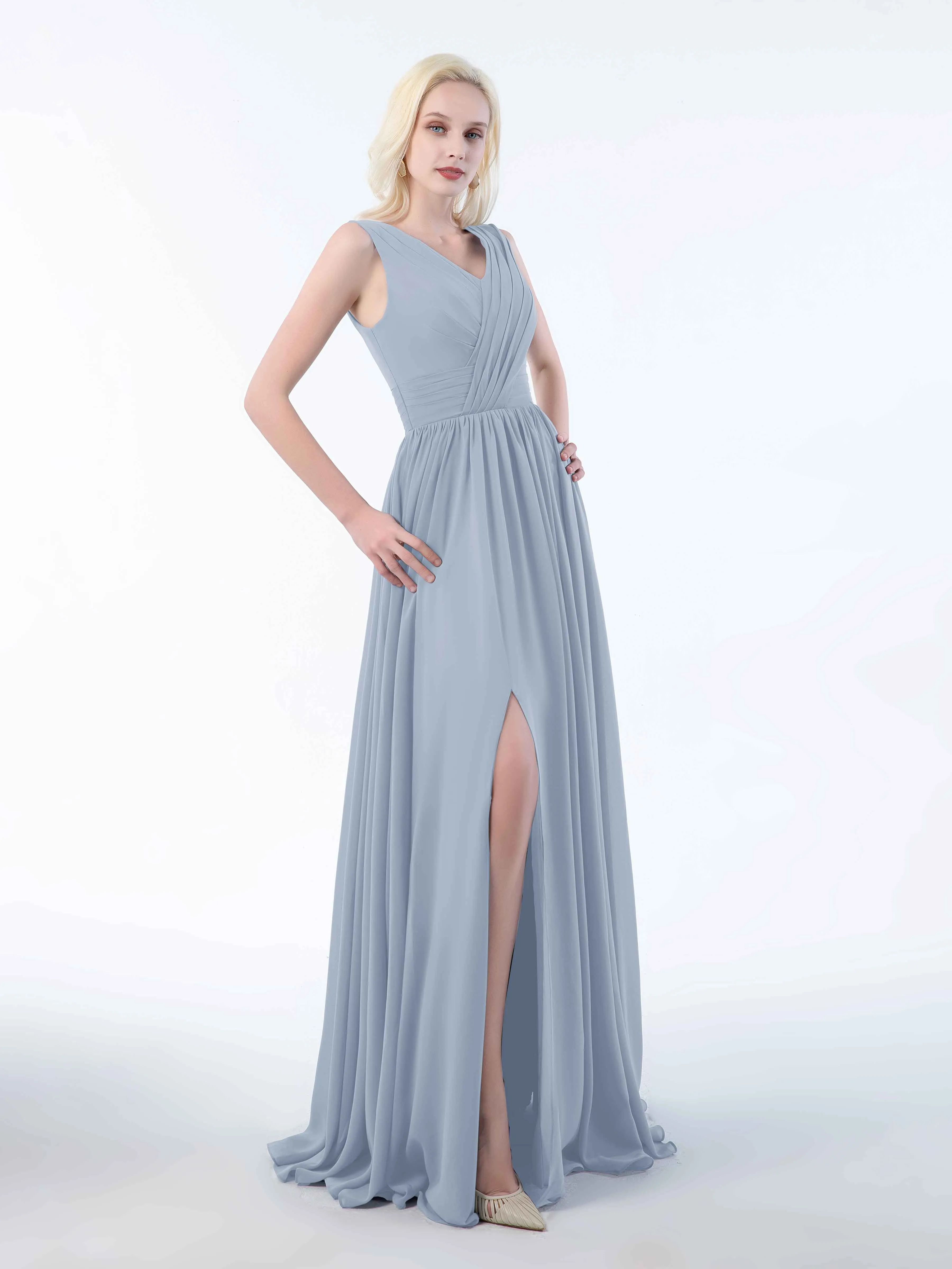 Khloe Flattering V Neck Pleated Floor Length Chiffon Bridesmaid Dresses