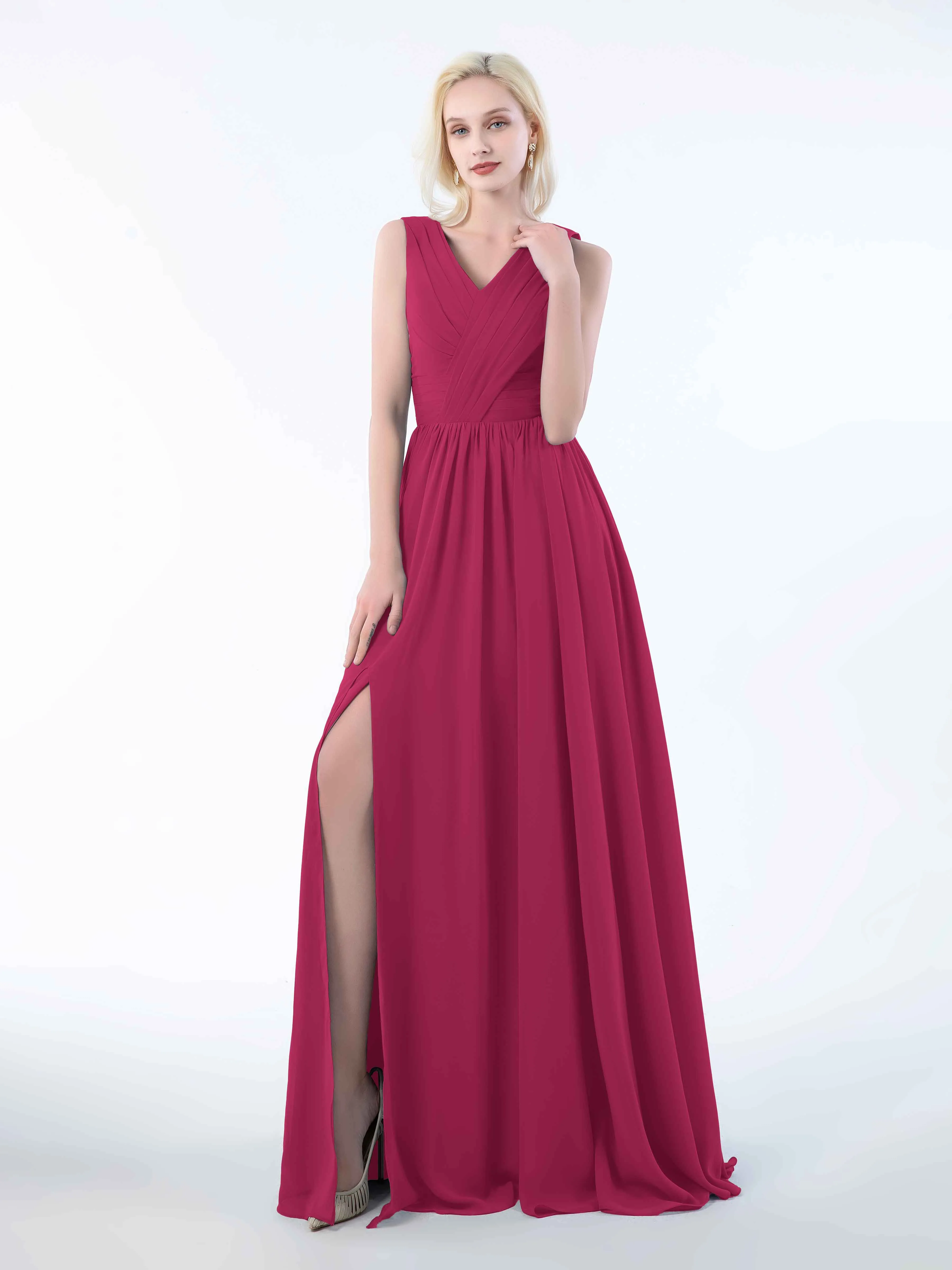 Khloe Flattering V Neck Pleated Floor Length Chiffon Bridesmaid Dresses