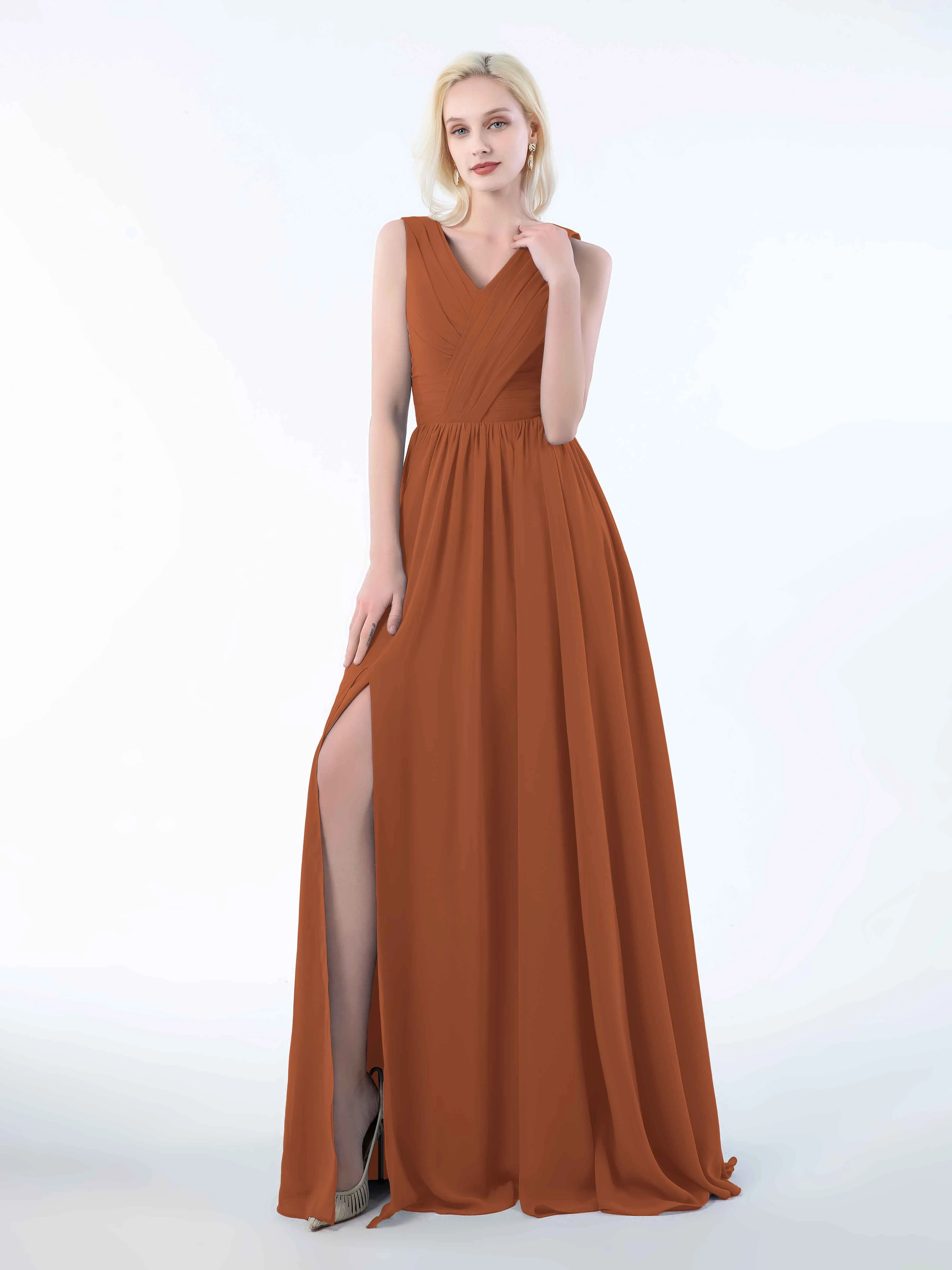 Khloe Flattering V Neck Pleated Floor Length Chiffon Bridesmaid Dresses