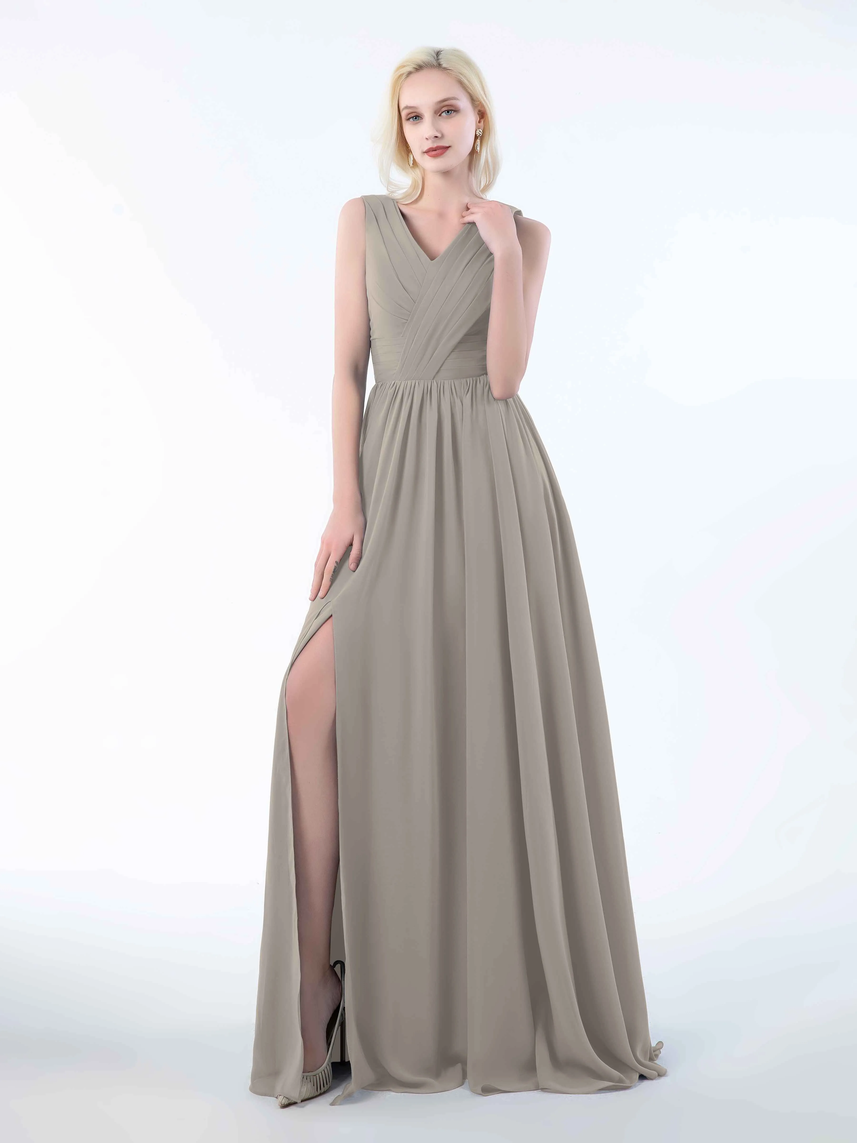 Khloe Flattering V Neck Pleated Floor Length Chiffon Bridesmaid Dresses