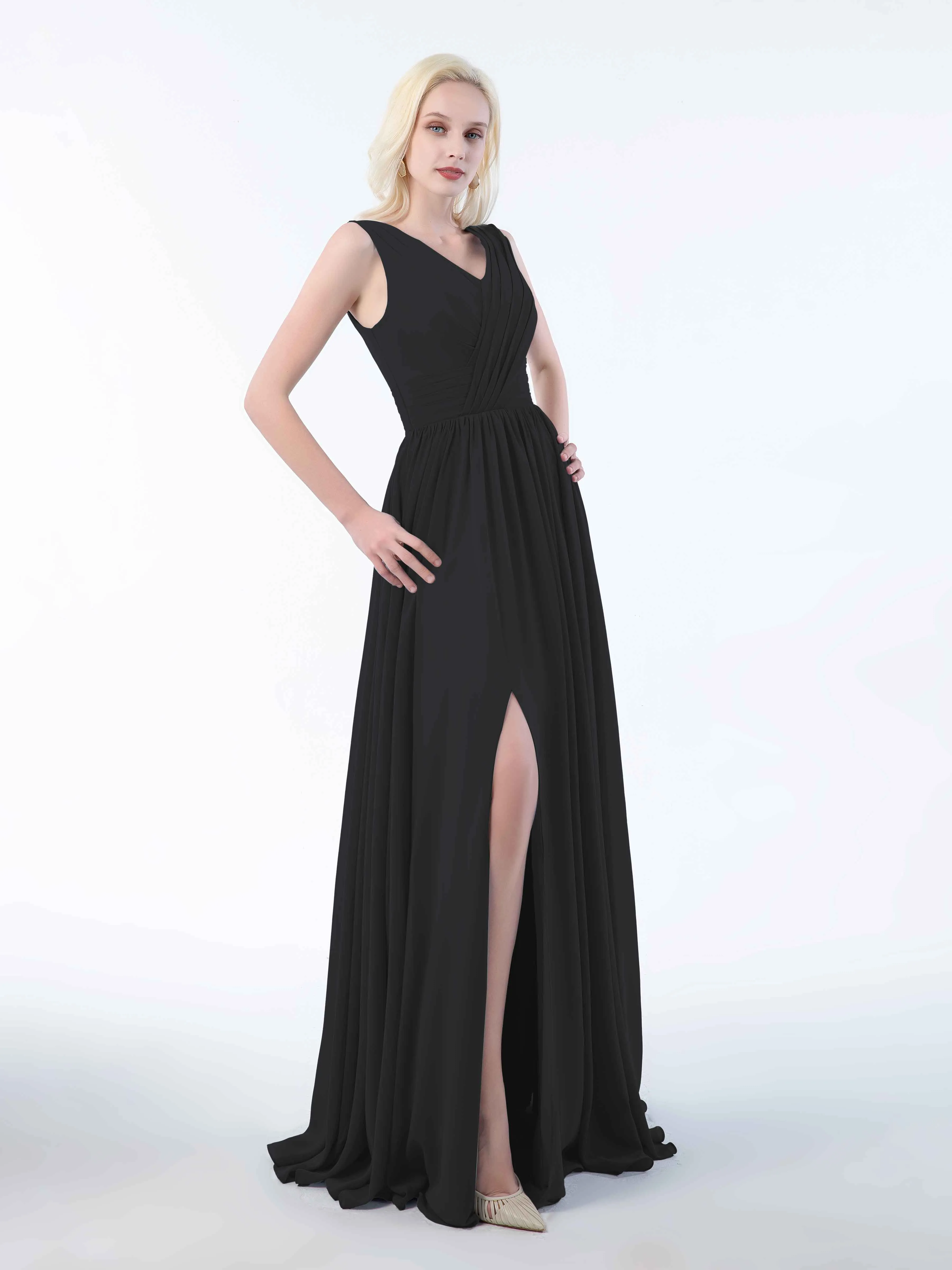 Khloe Flattering V Neck Pleated Floor Length Chiffon Bridesmaid Dresses