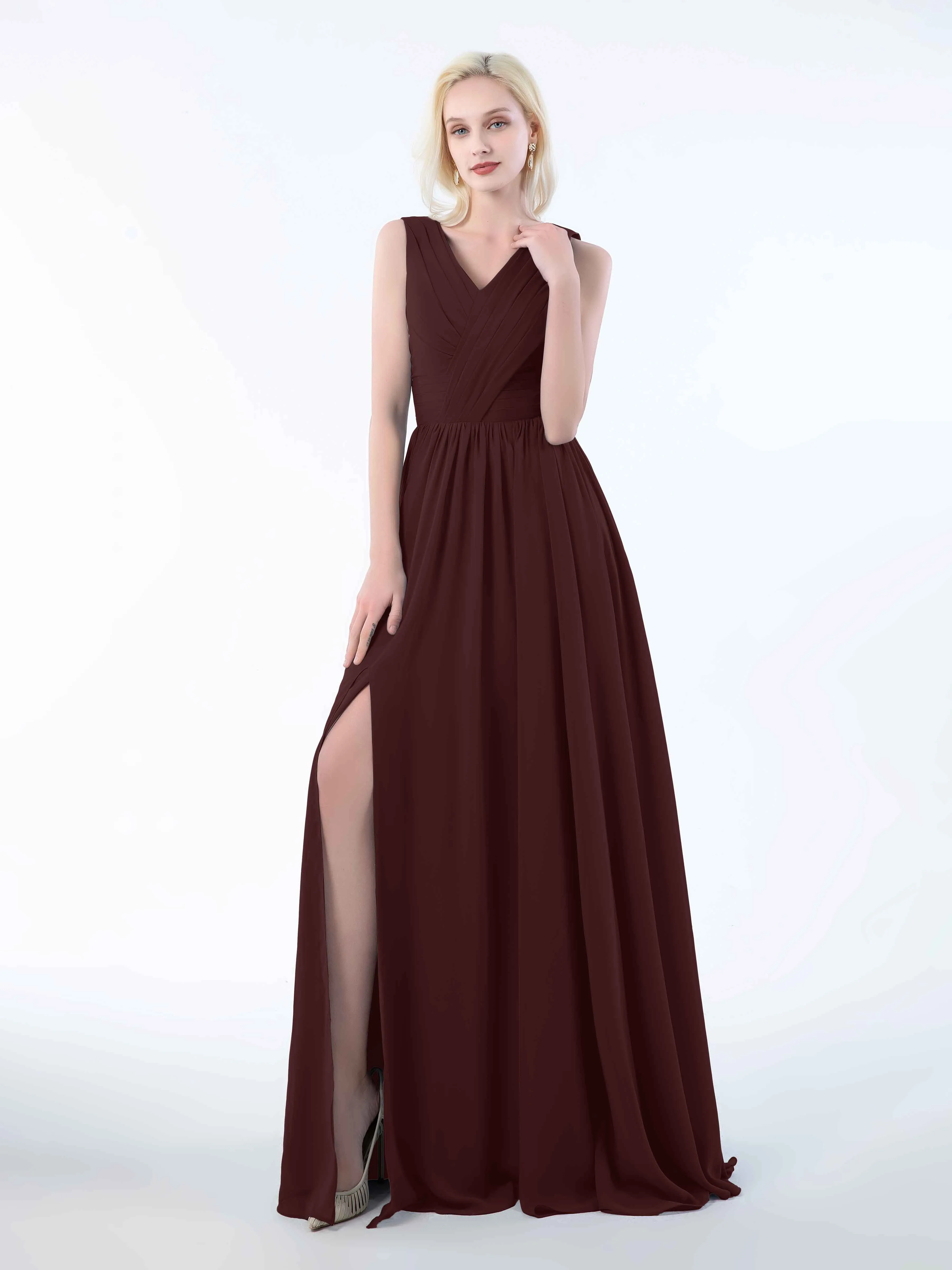 Khloe Flattering V Neck Pleated Floor Length Chiffon Bridesmaid Dresses