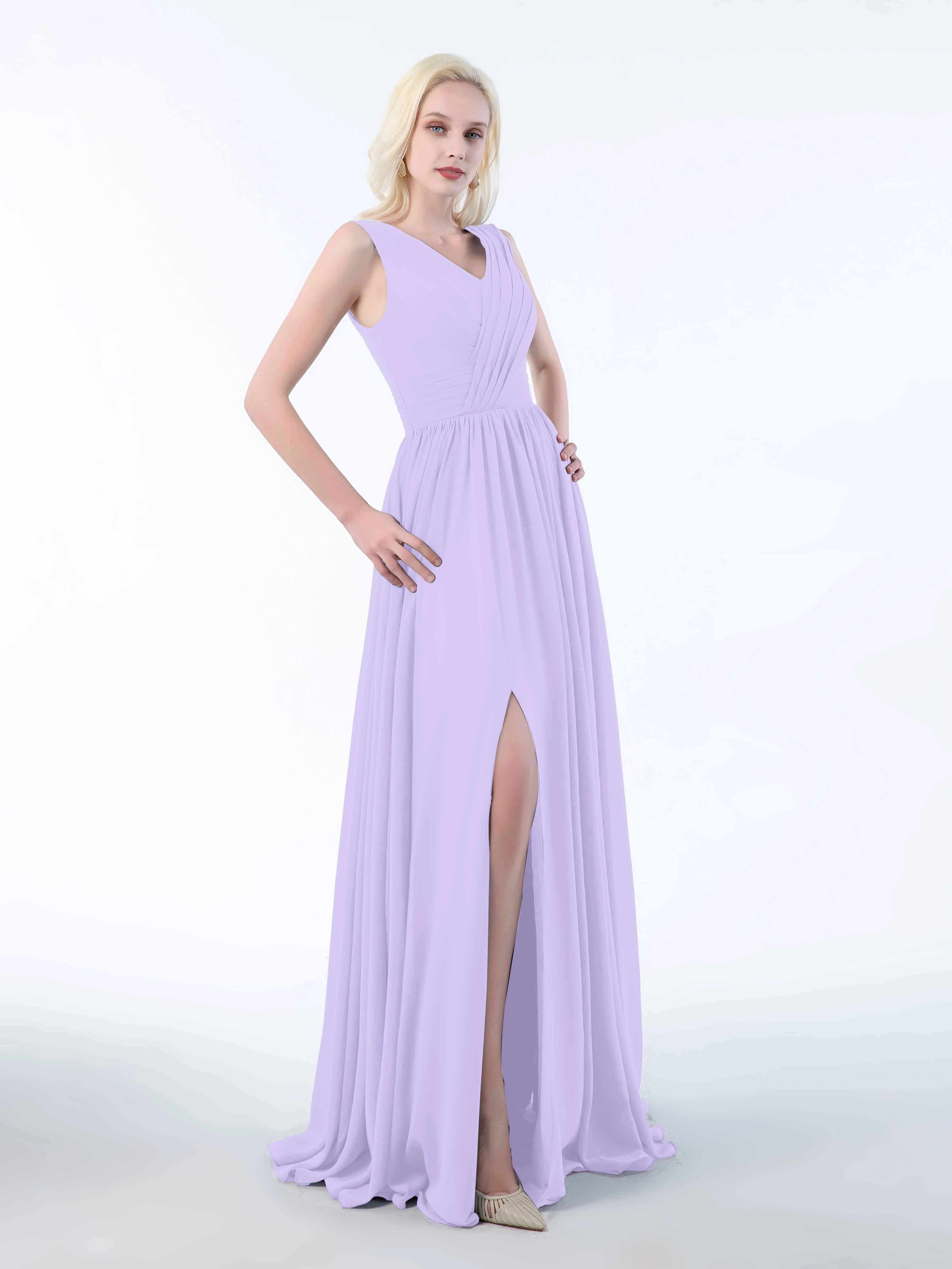 Khloe Flattering V Neck Pleated Floor Length Chiffon Bridesmaid Dresses