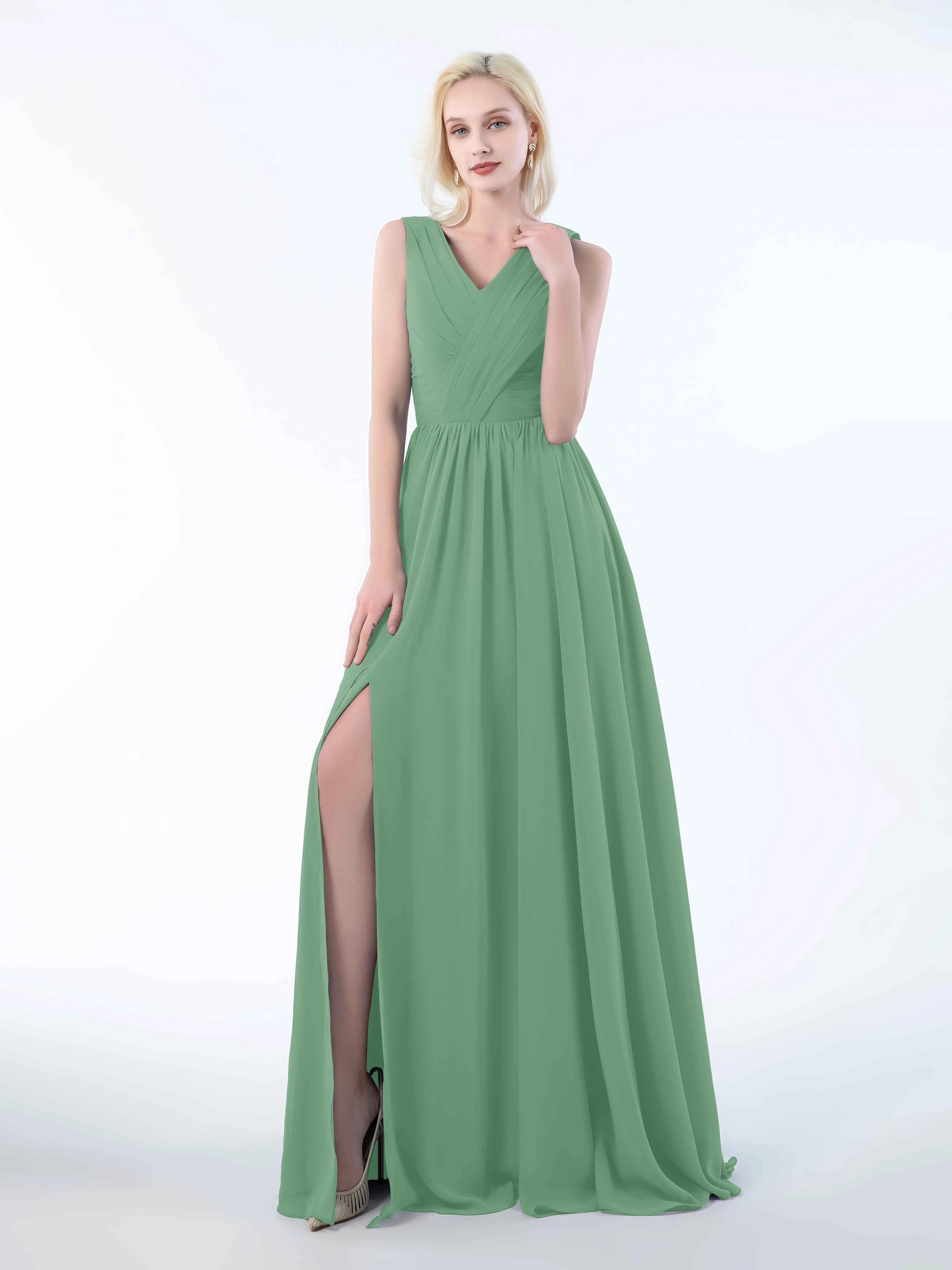Khloe Flattering V Neck Pleated Floor Length Chiffon Bridesmaid Dresses