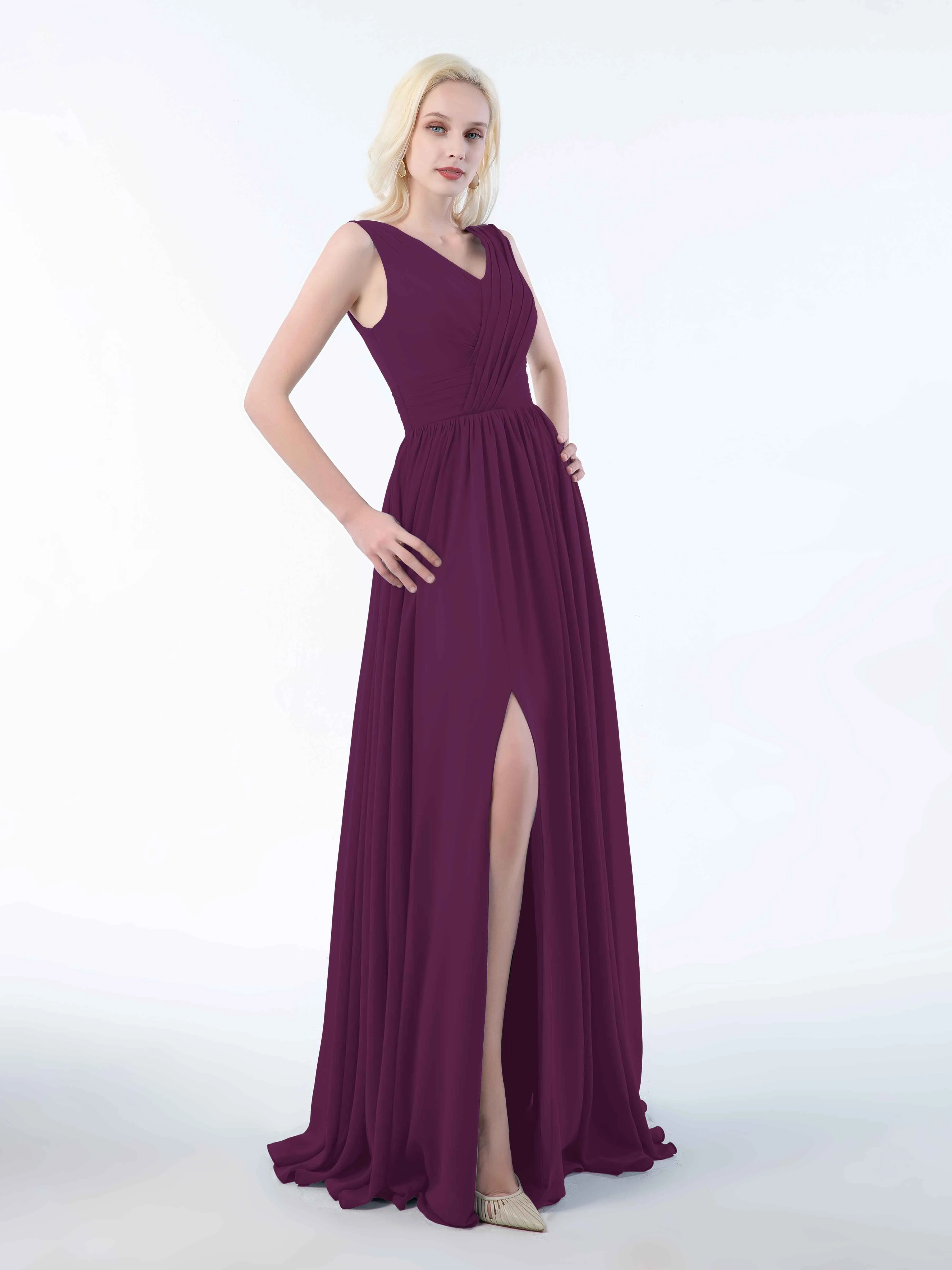 Khloe Flattering V Neck Pleated Floor Length Chiffon Bridesmaid Dresses