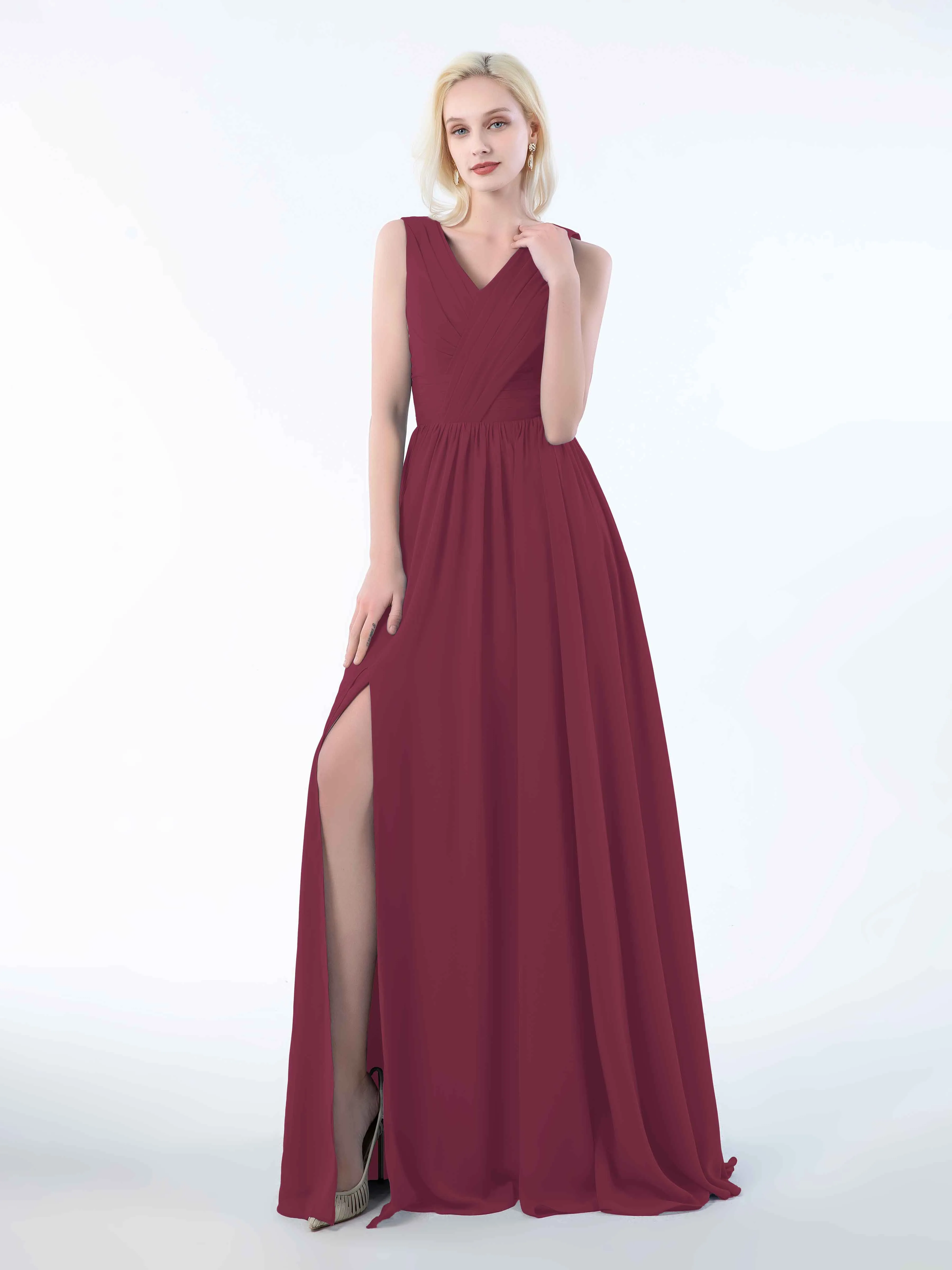 Khloe Flattering V Neck Pleated Floor Length Chiffon Bridesmaid Dresses