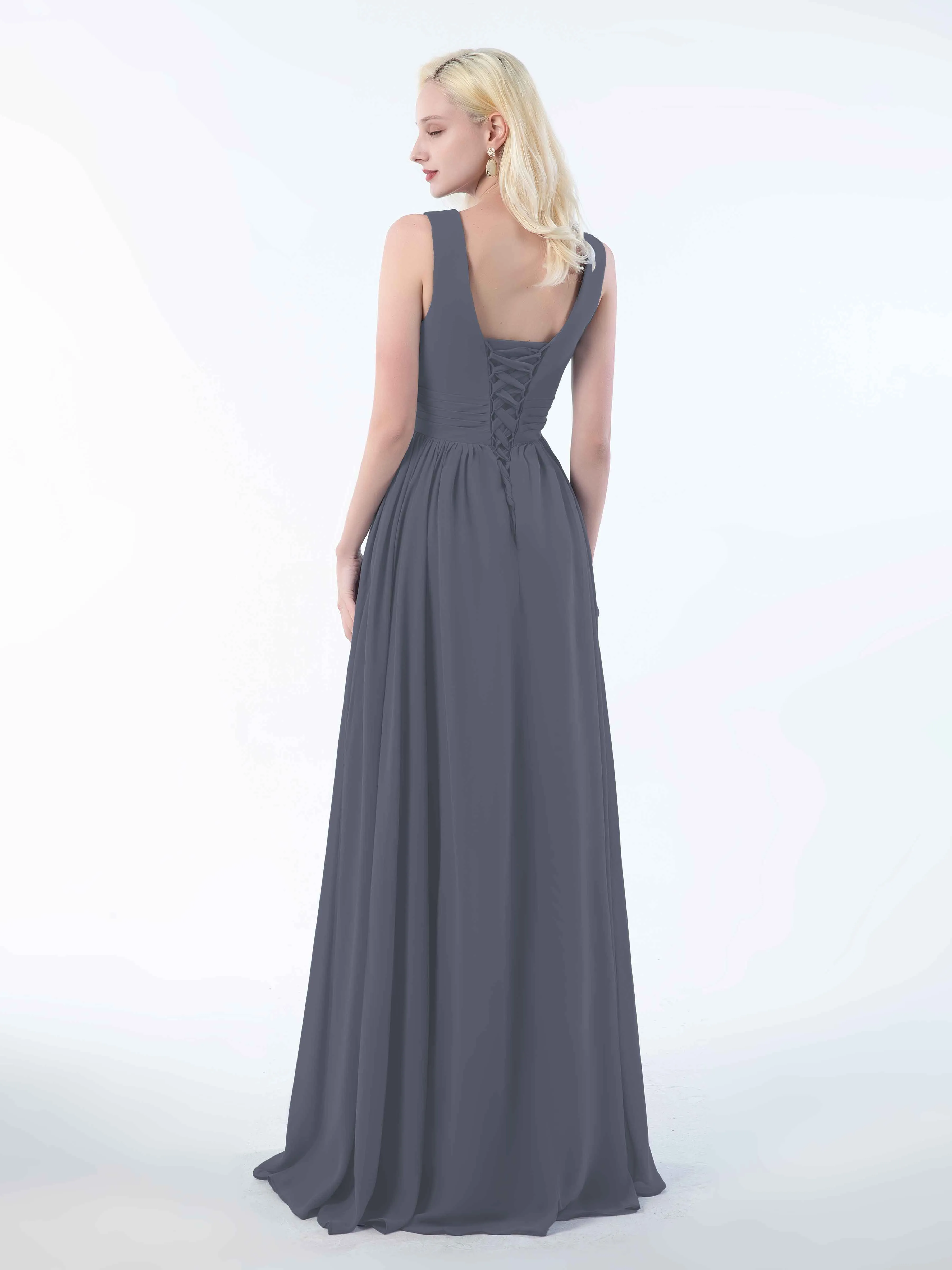 Khloe Flattering V Neck Pleated Floor Length Chiffon Bridesmaid Dresses