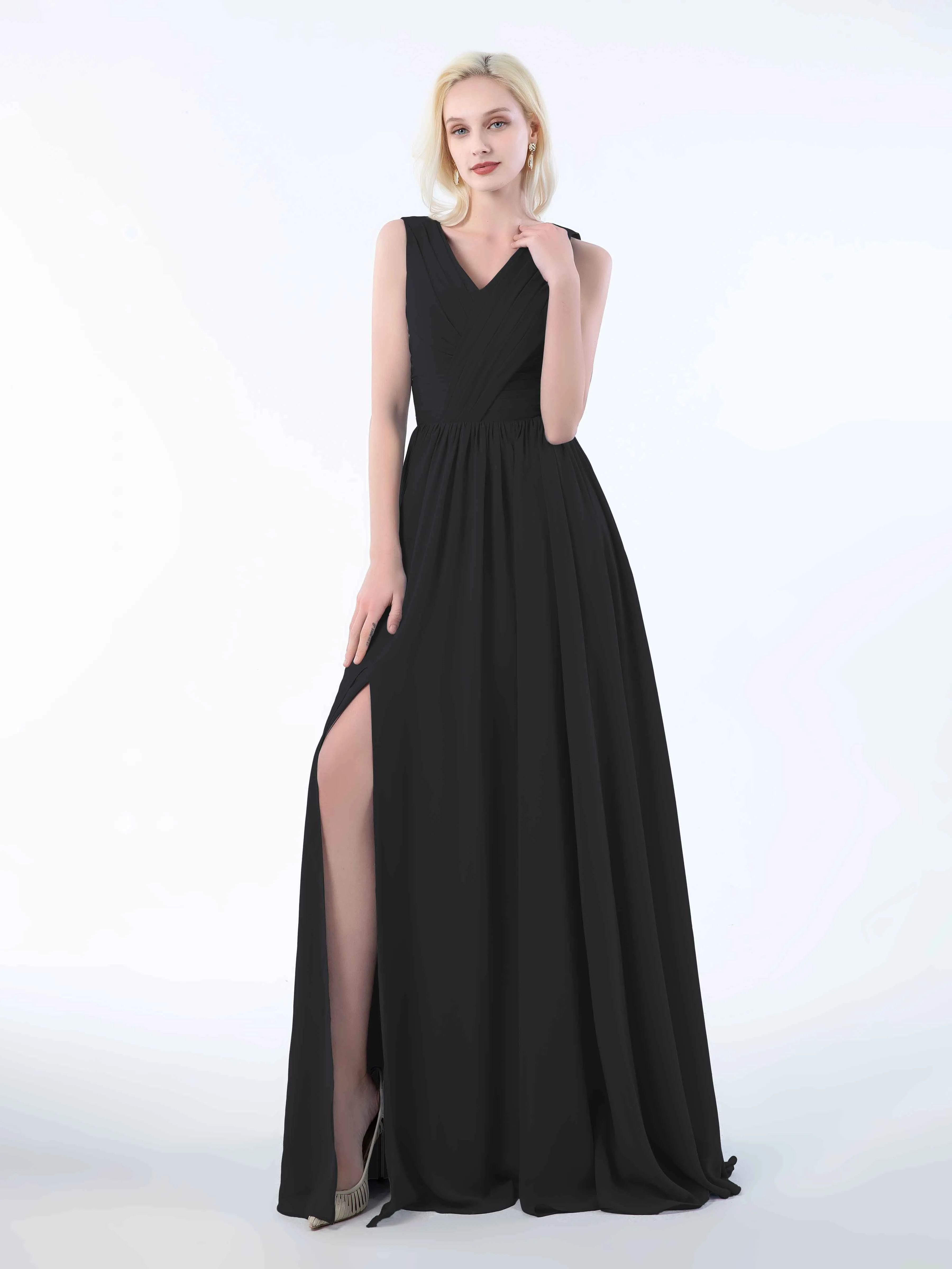 Khloe Flattering V Neck Pleated Floor Length Chiffon Bridesmaid Dresses