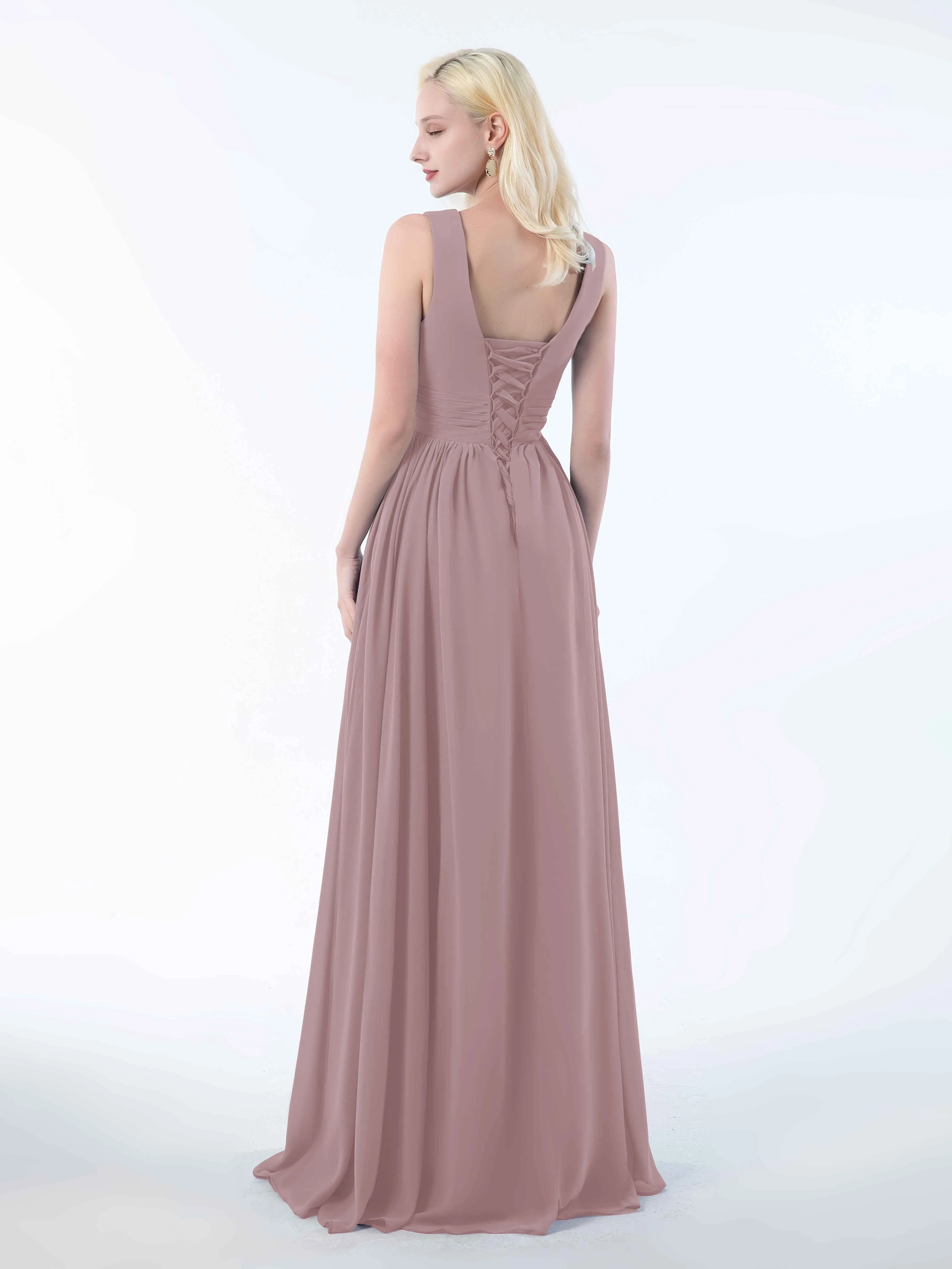 Khloe Flattering V Neck Pleated Floor Length Chiffon Bridesmaid Dresses
