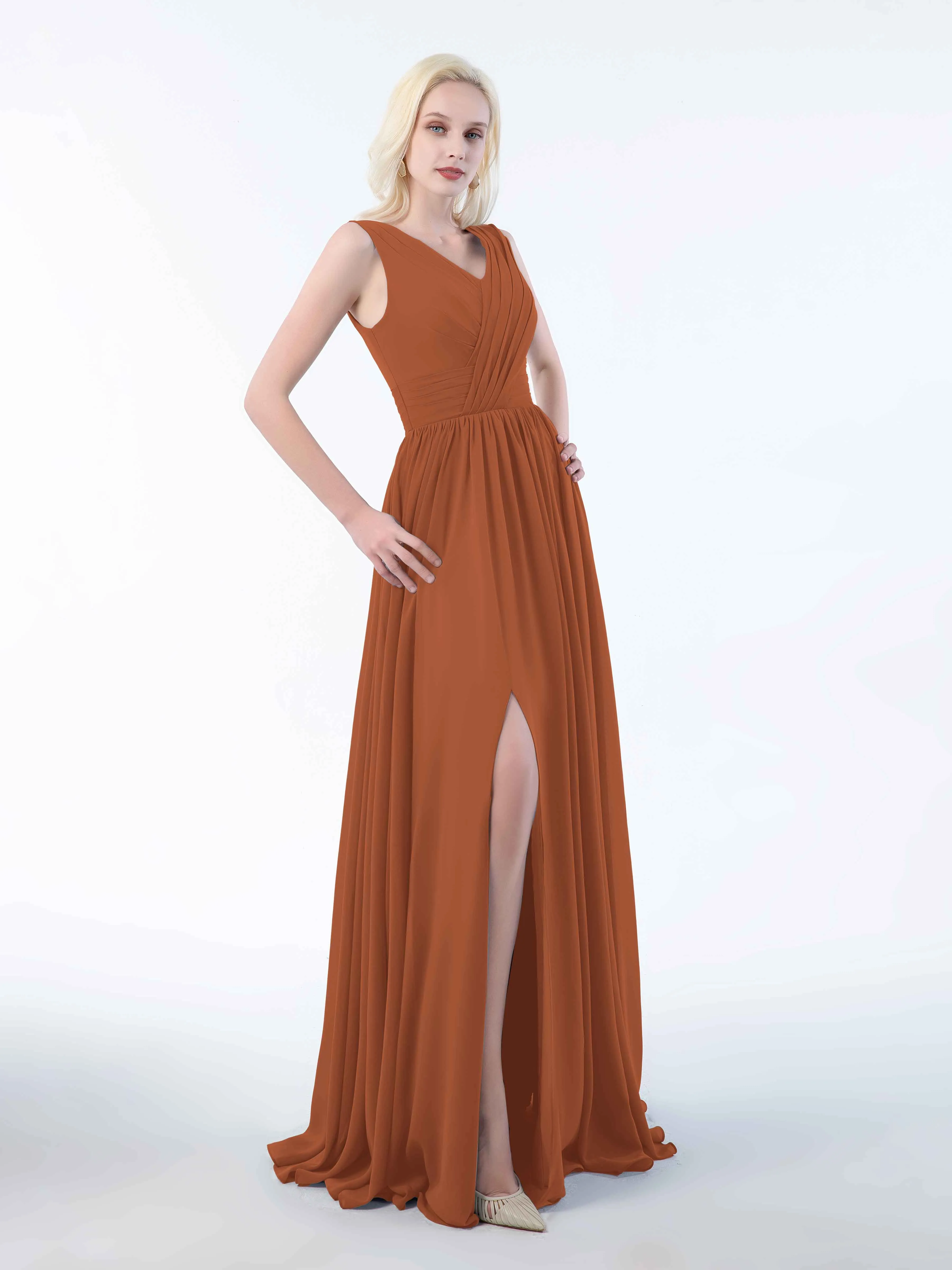 Khloe Flattering V Neck Pleated Floor Length Chiffon Bridesmaid Dresses
