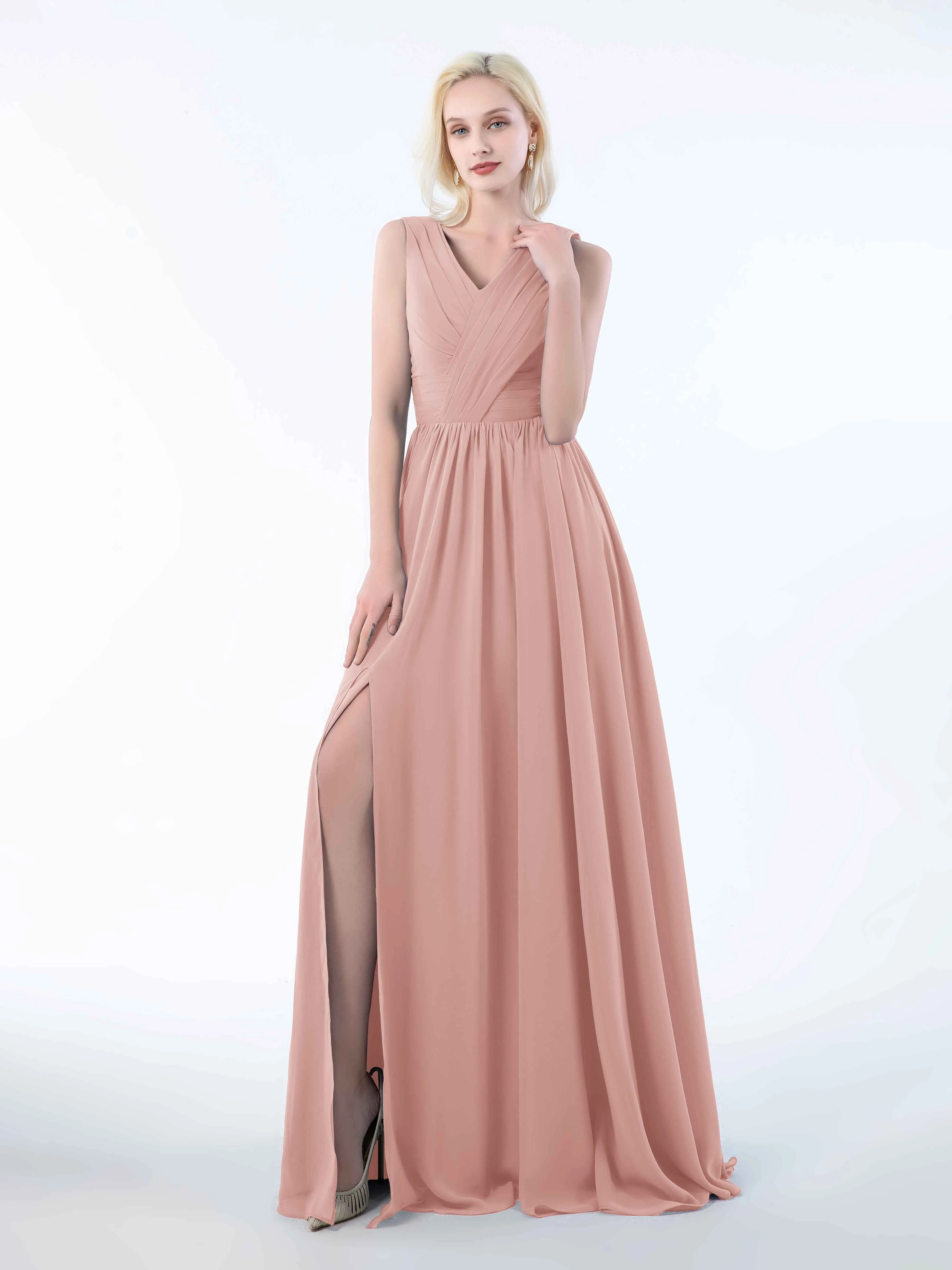 Khloe Flattering V Neck Pleated Floor Length Chiffon Bridesmaid Dresses