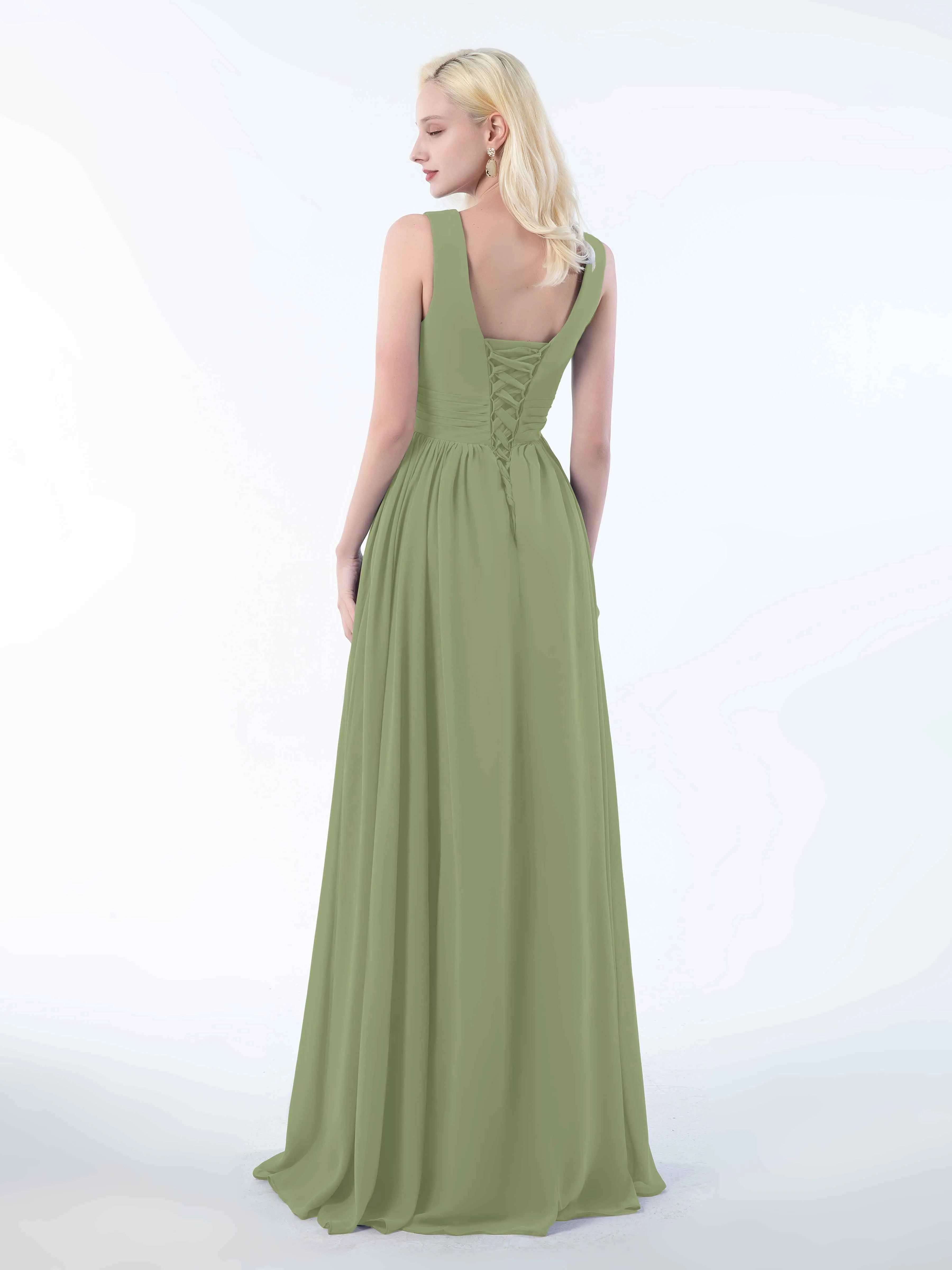 Khloe Flattering V Neck Pleated Floor Length Chiffon Bridesmaid Dresses
