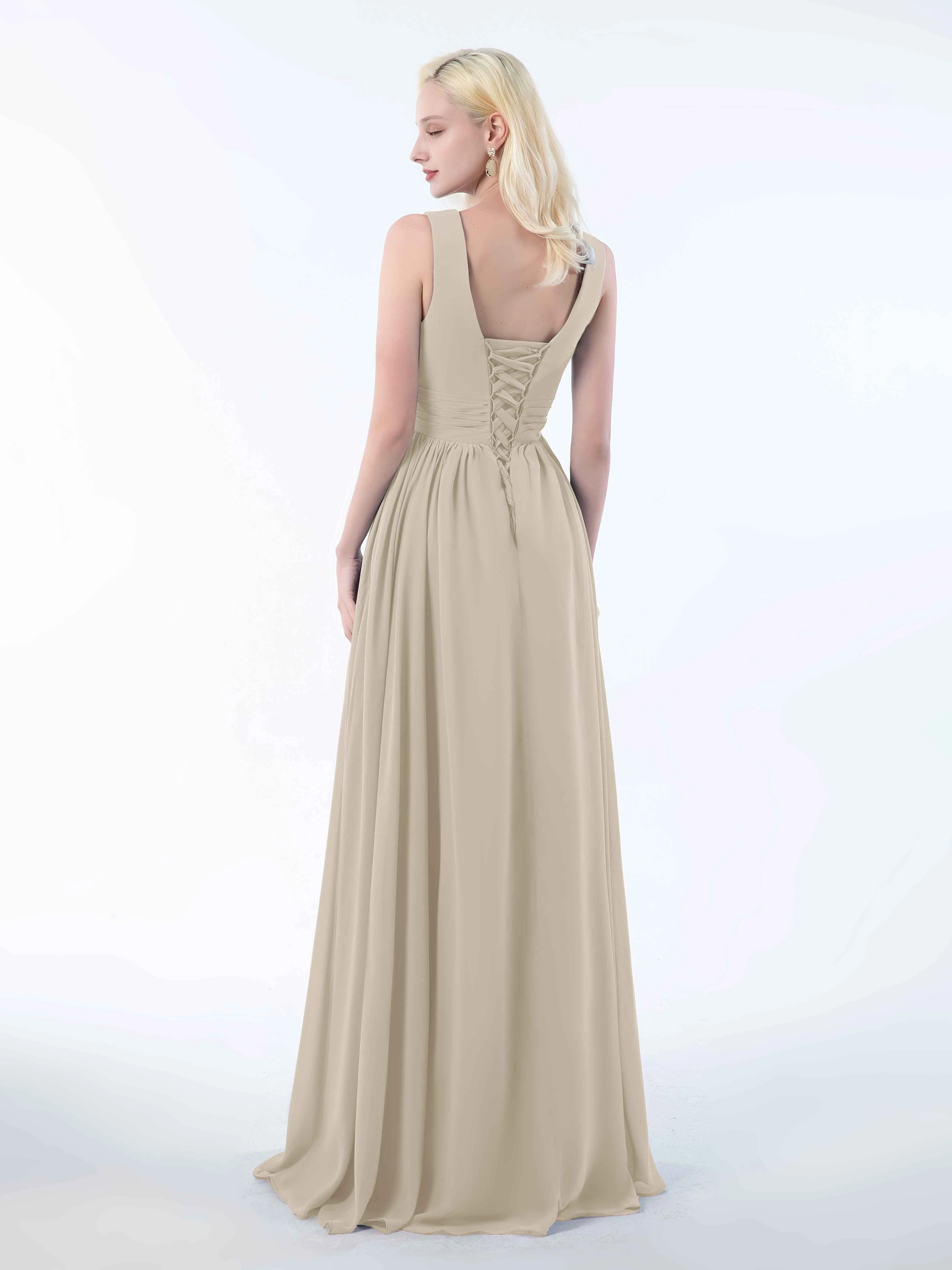 Khloe Flattering V Neck Pleated Floor Length Chiffon Bridesmaid Dresses