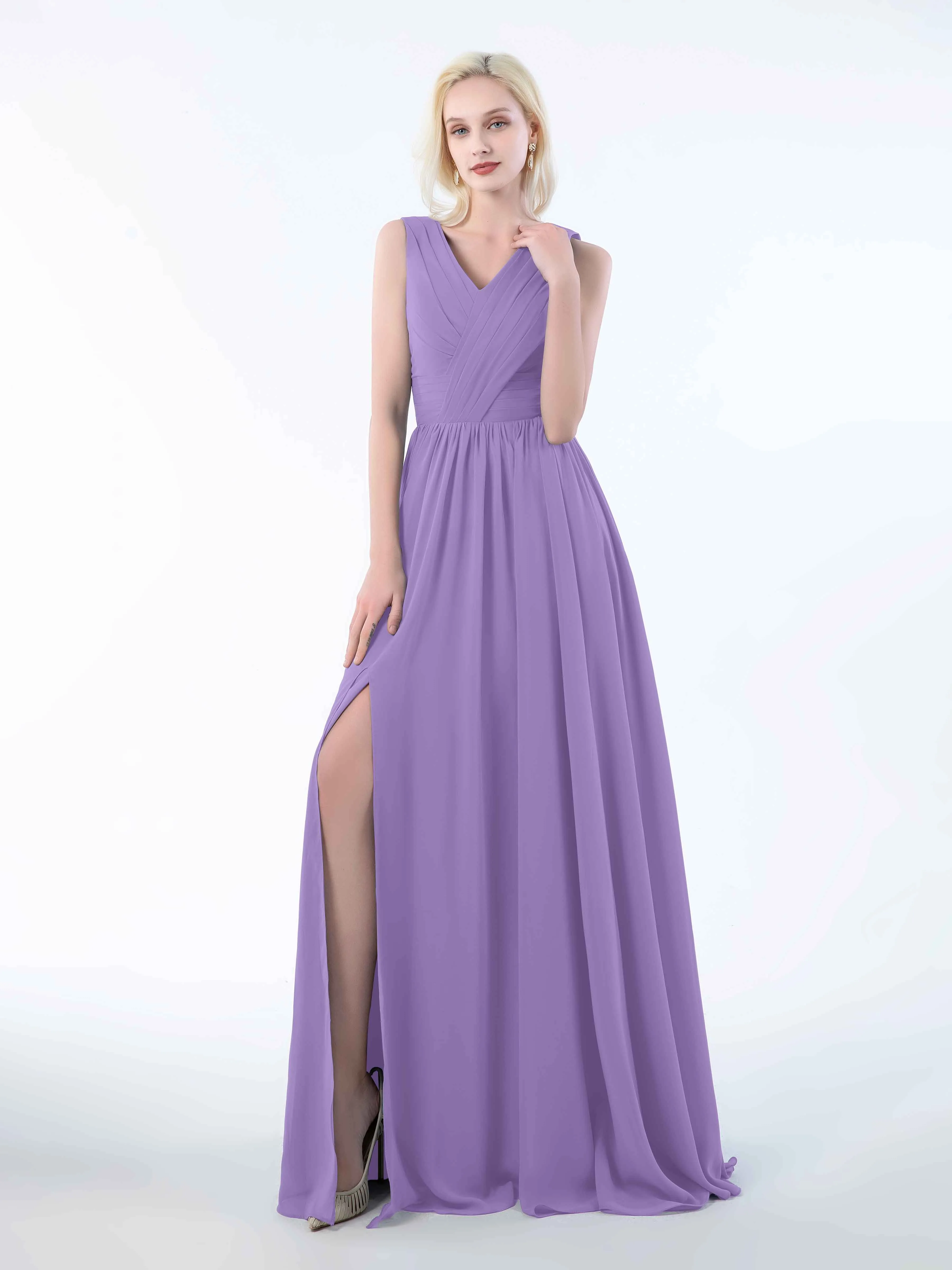 Khloe Flattering V Neck Pleated Floor Length Chiffon Bridesmaid Dresses