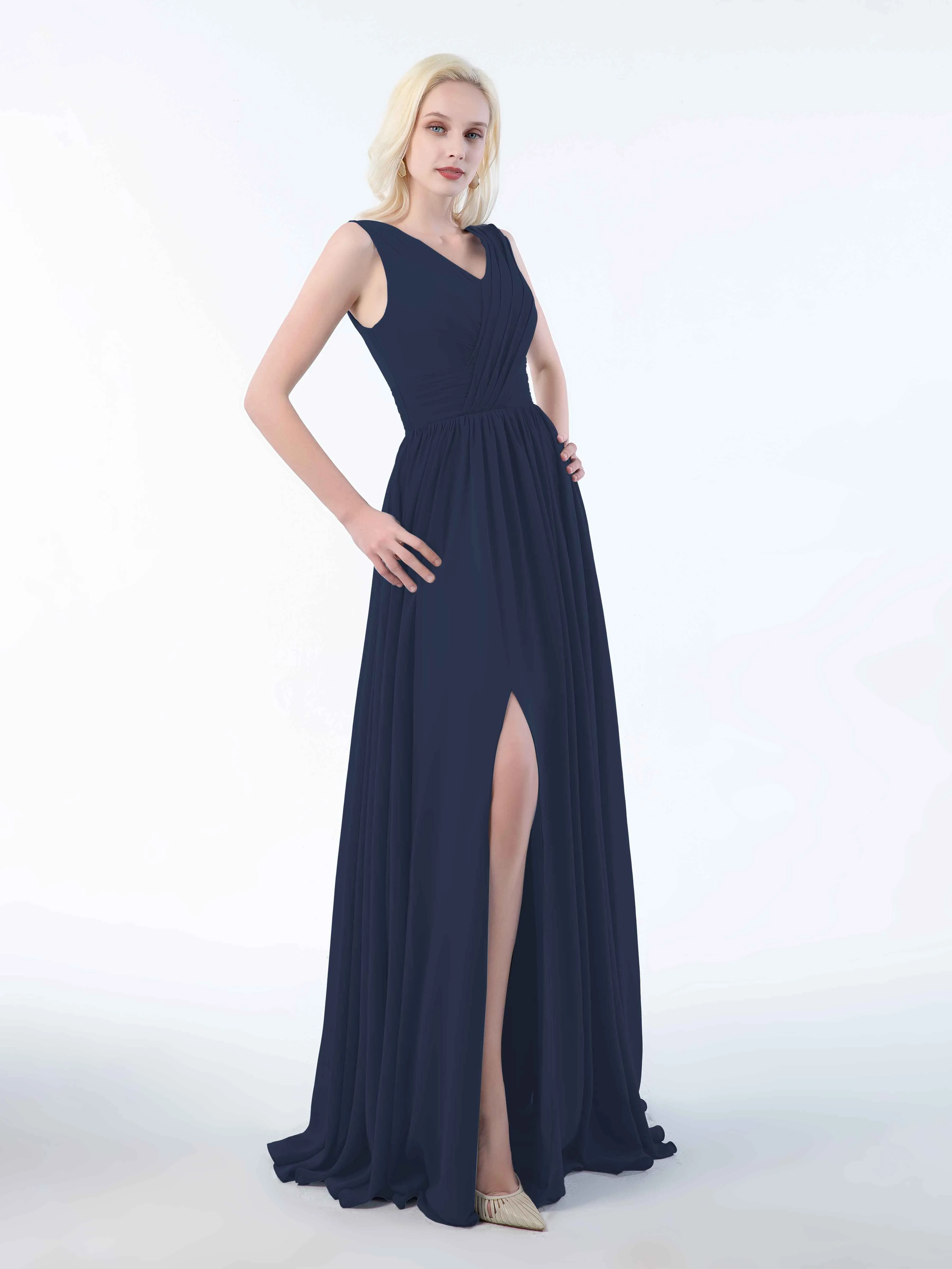 Khloe Flattering V Neck Pleated Floor Length Chiffon Bridesmaid Dresses