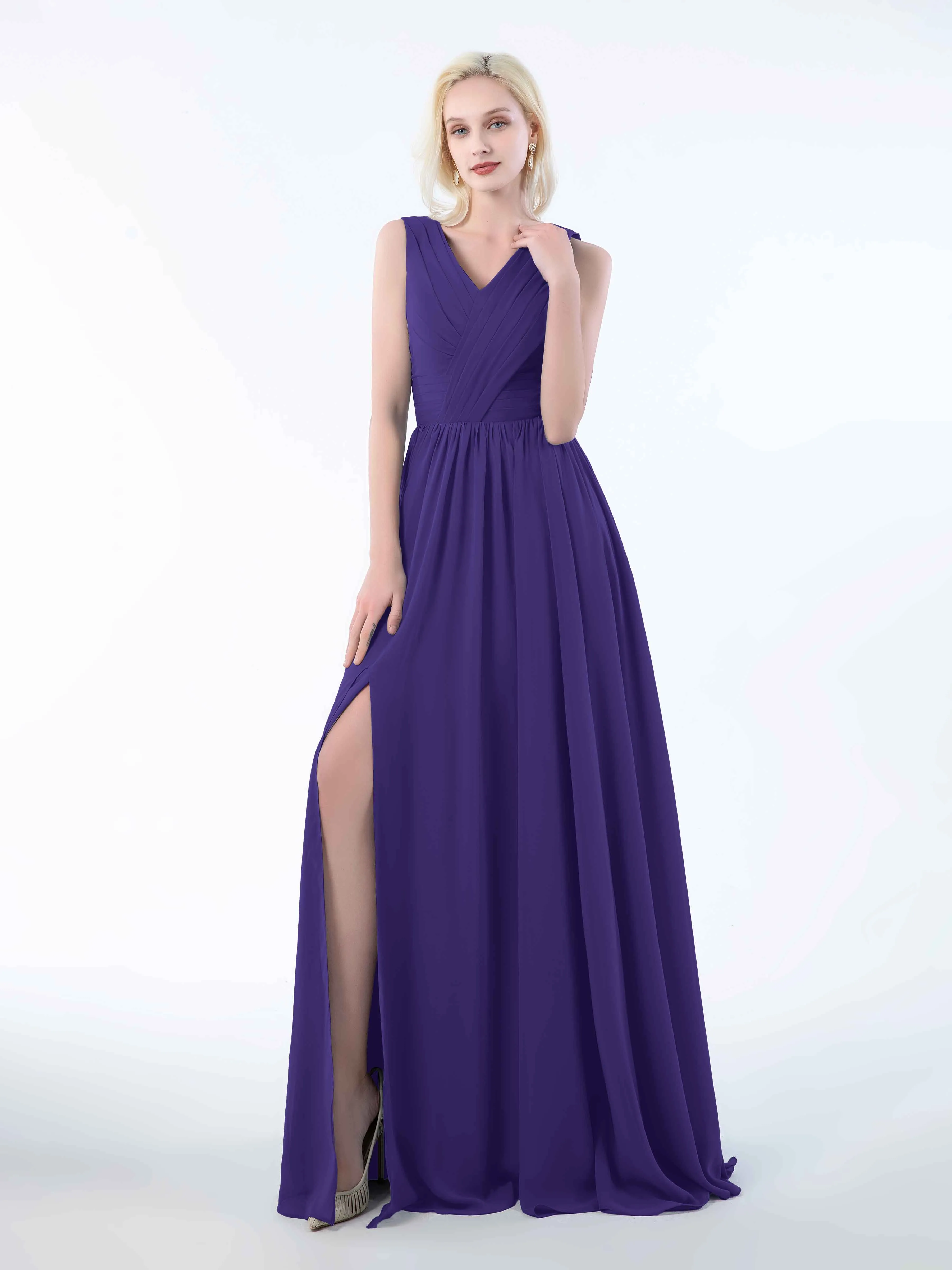 Khloe Flattering V Neck Pleated Floor Length Chiffon Bridesmaid Dresses