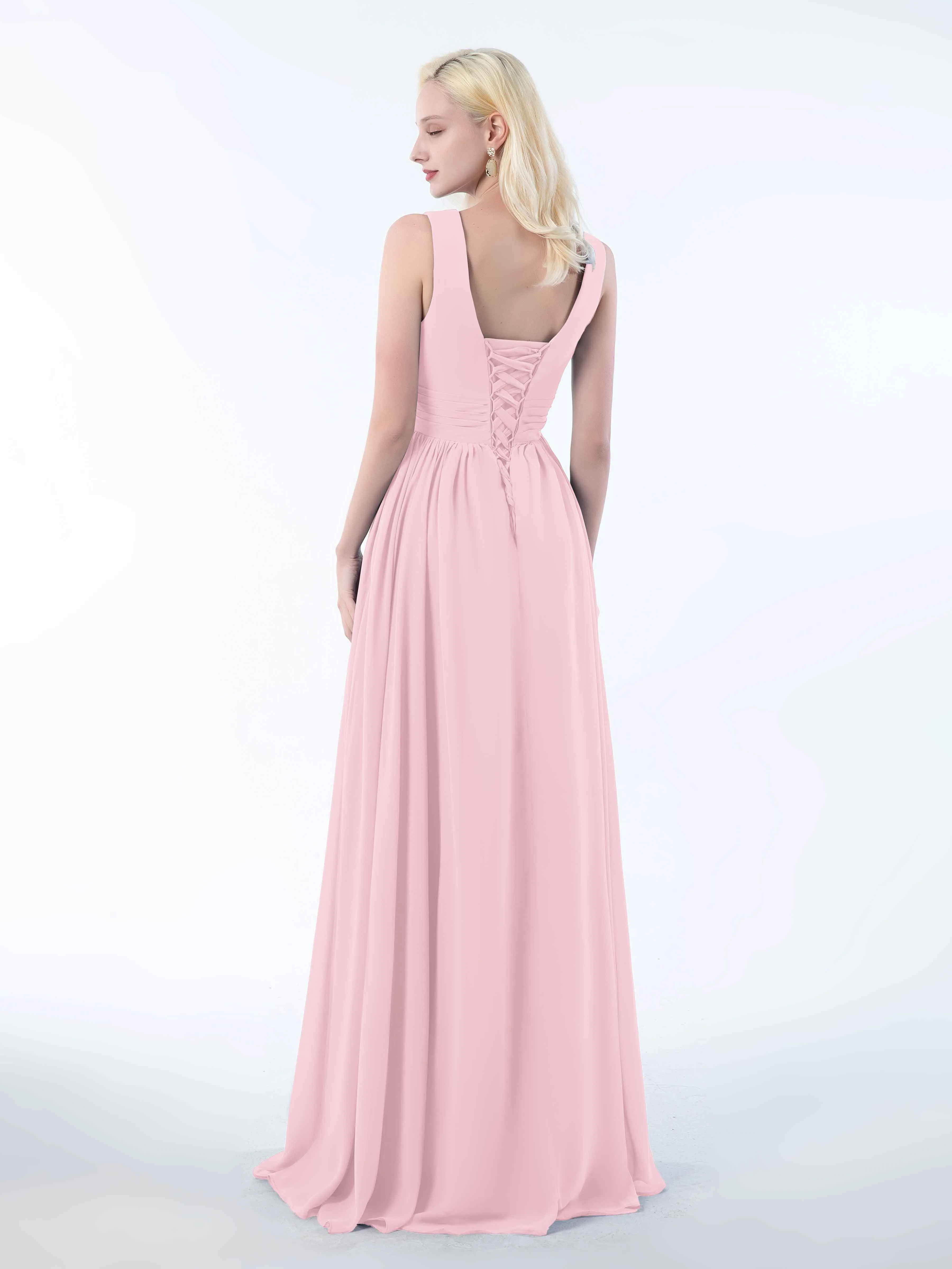 Khloe Flattering V Neck Pleated Floor Length Chiffon Bridesmaid Dresses