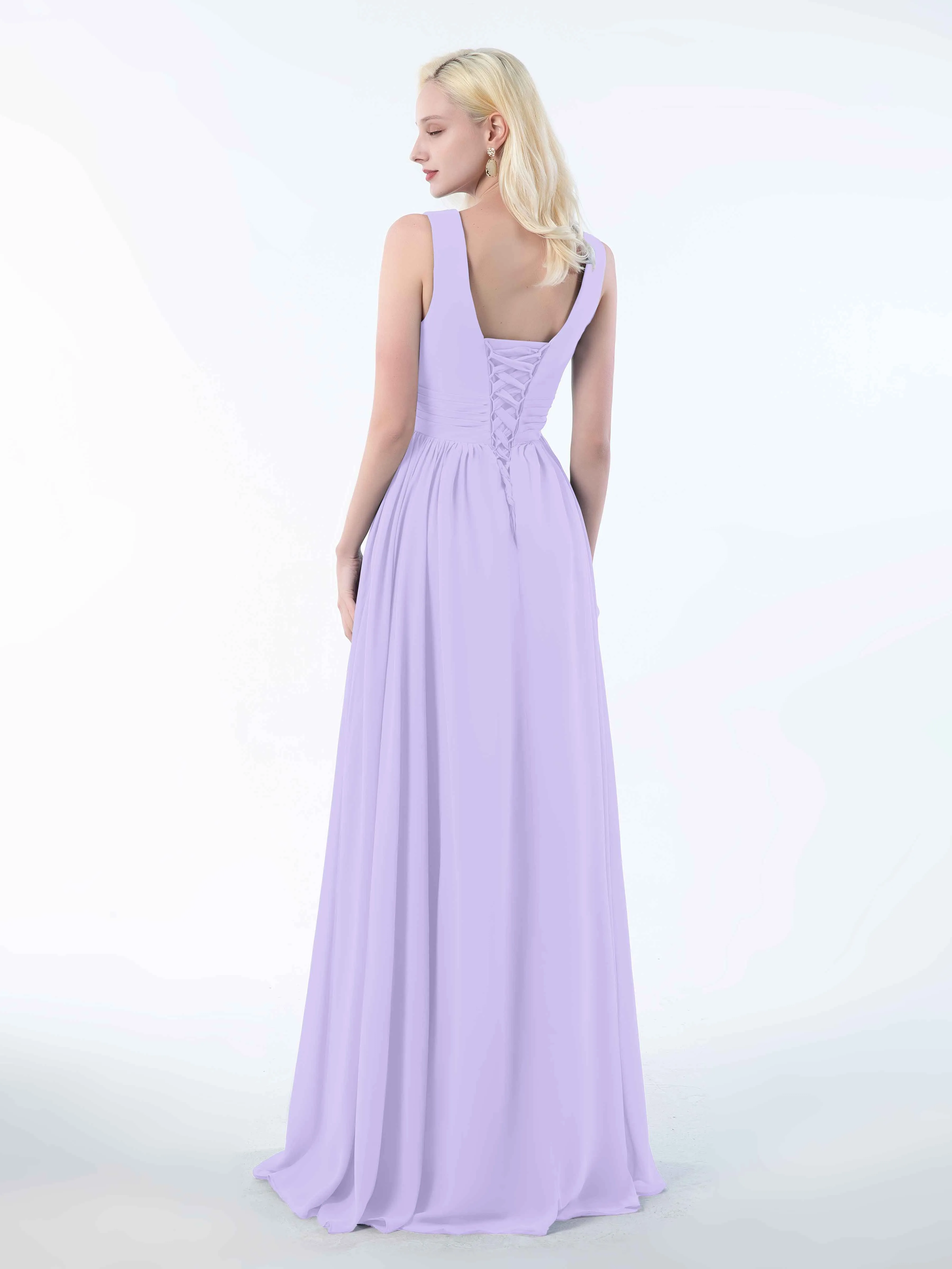 Khloe Flattering V Neck Pleated Floor Length Chiffon Bridesmaid Dresses