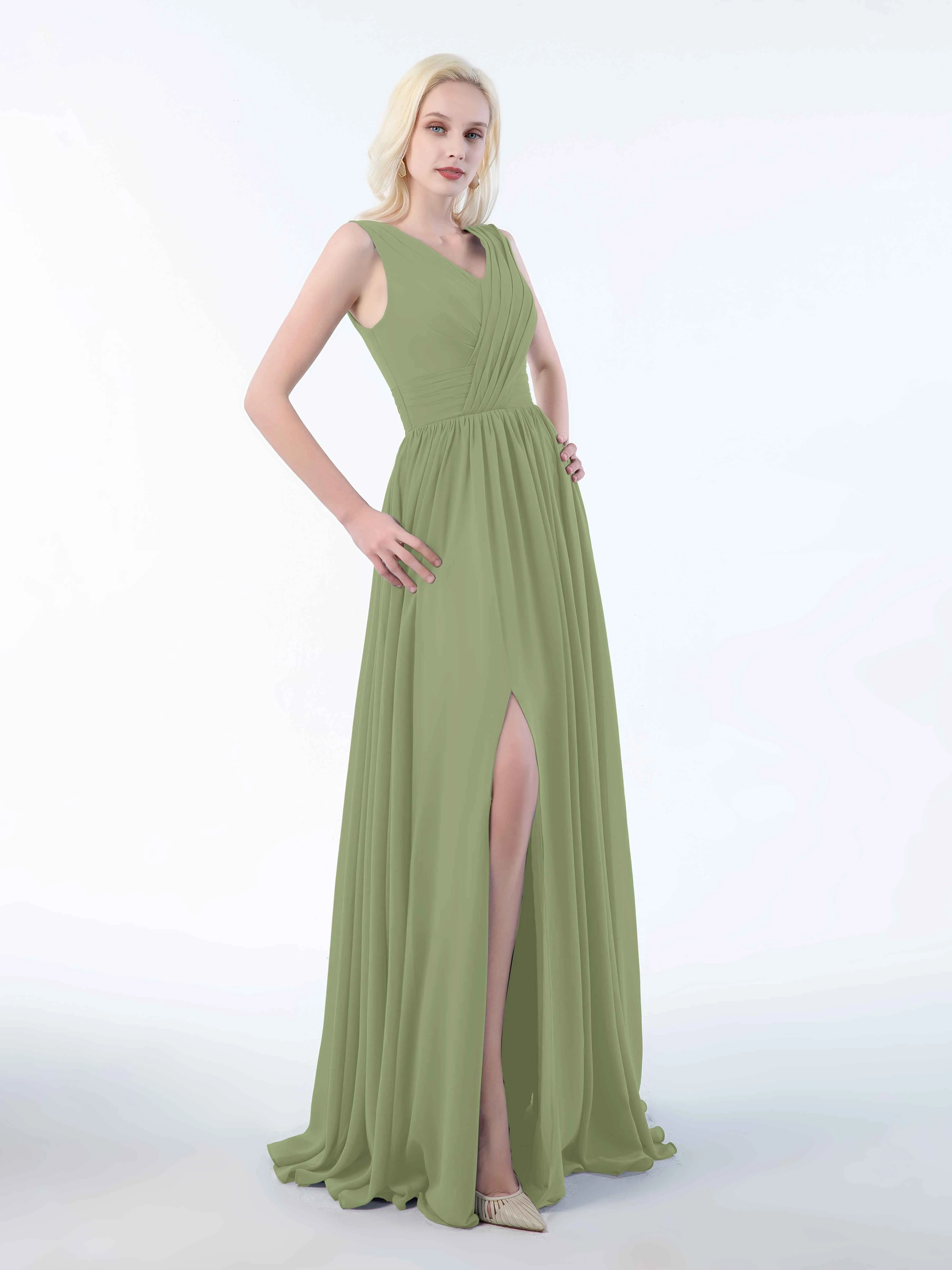 Khloe Flattering V Neck Pleated Floor Length Chiffon Bridesmaid Dresses