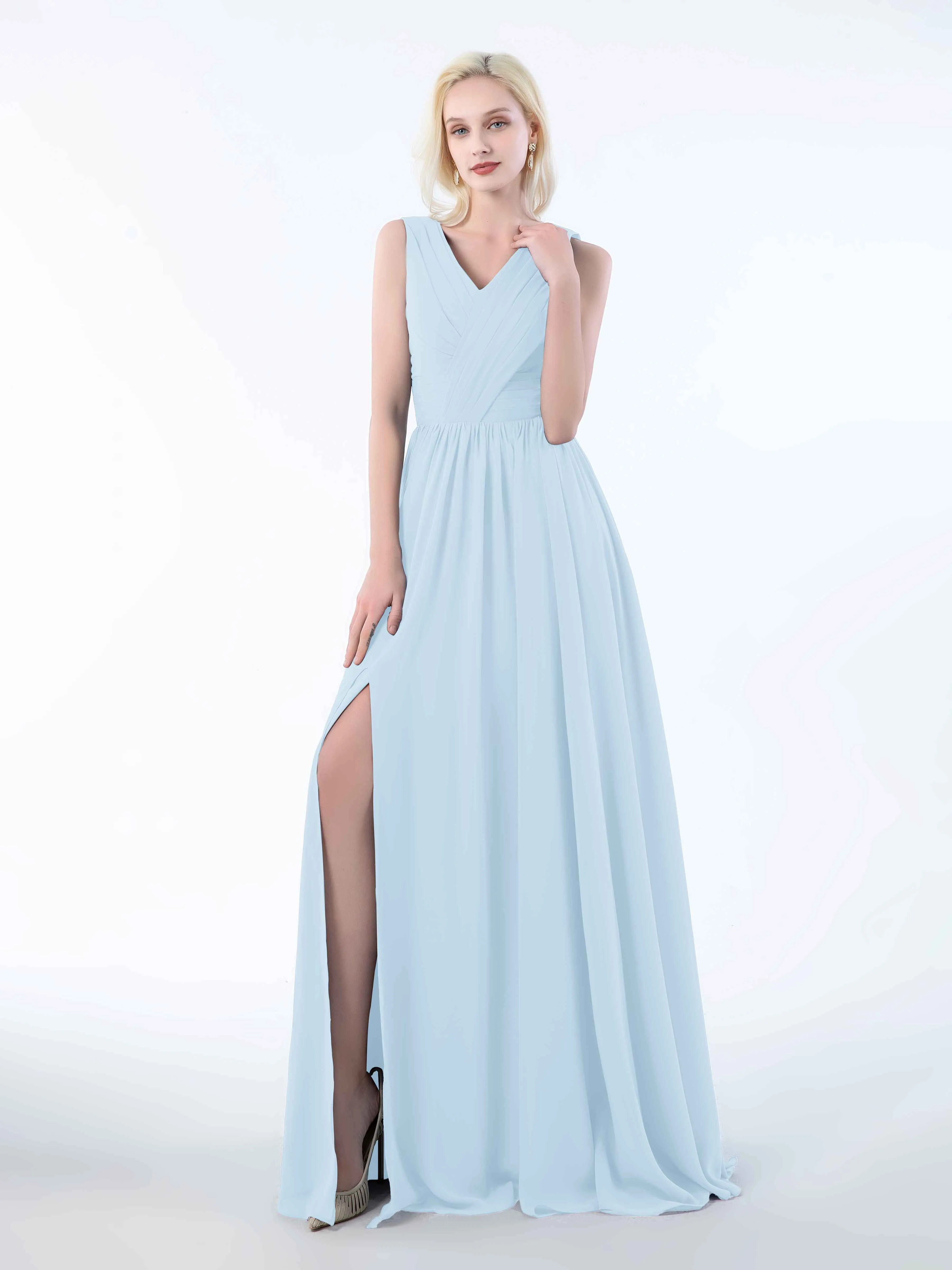 Khloe Flattering V Neck Pleated Floor Length Chiffon Bridesmaid Dresses