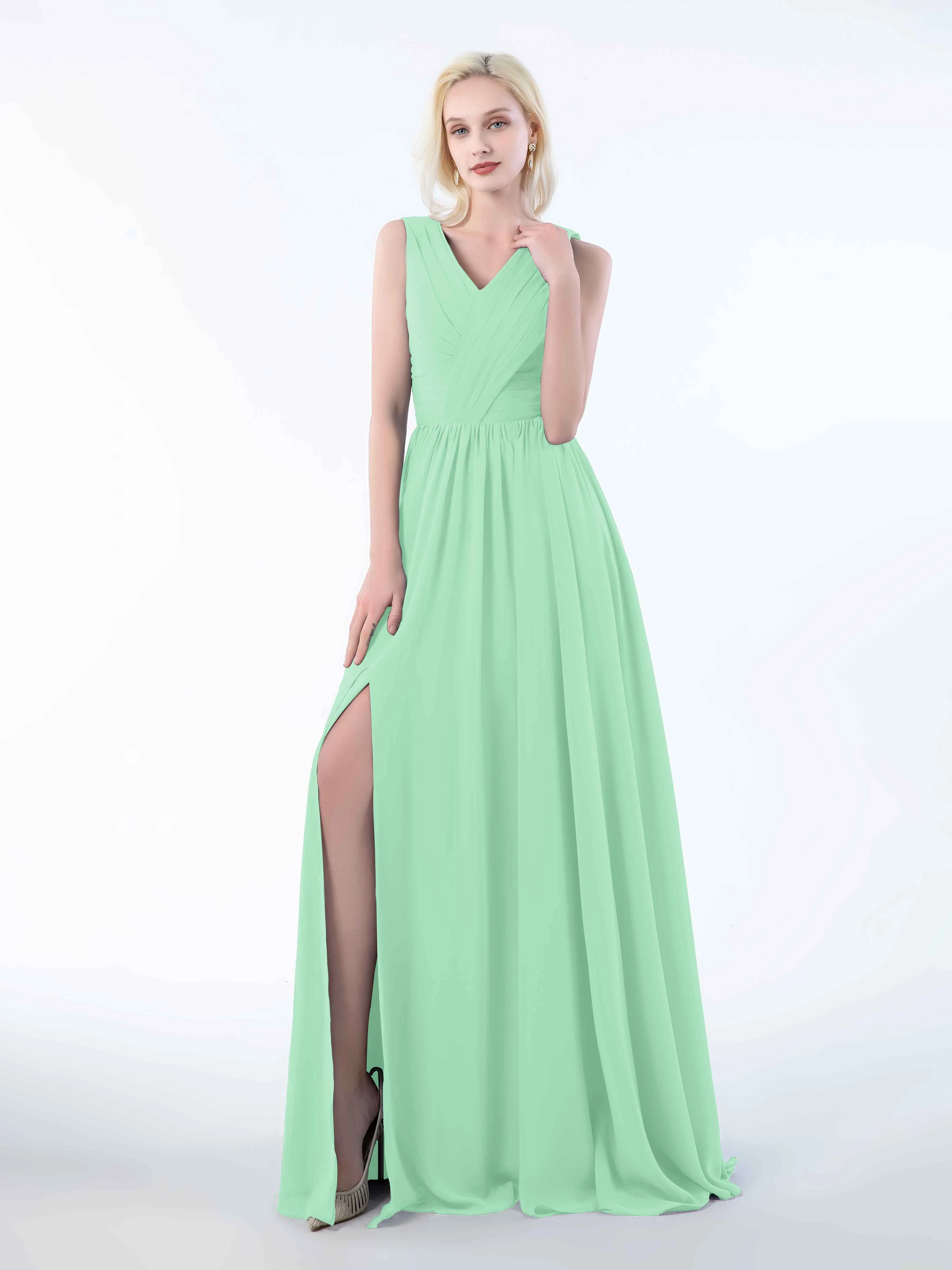 Khloe Flattering V Neck Pleated Floor Length Chiffon Bridesmaid Dresses