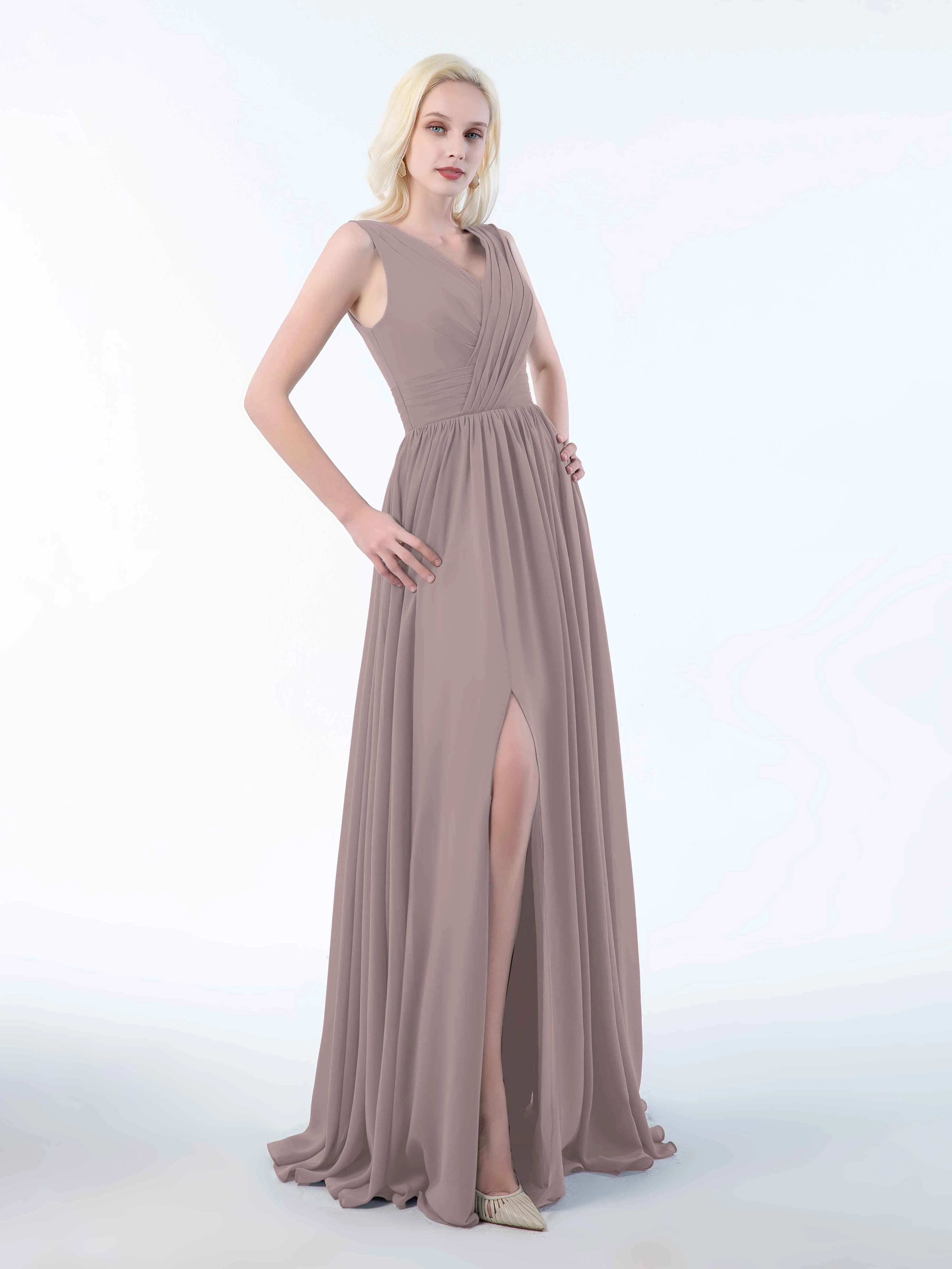 Khloe Flattering V Neck Pleated Floor Length Chiffon Bridesmaid Dresses