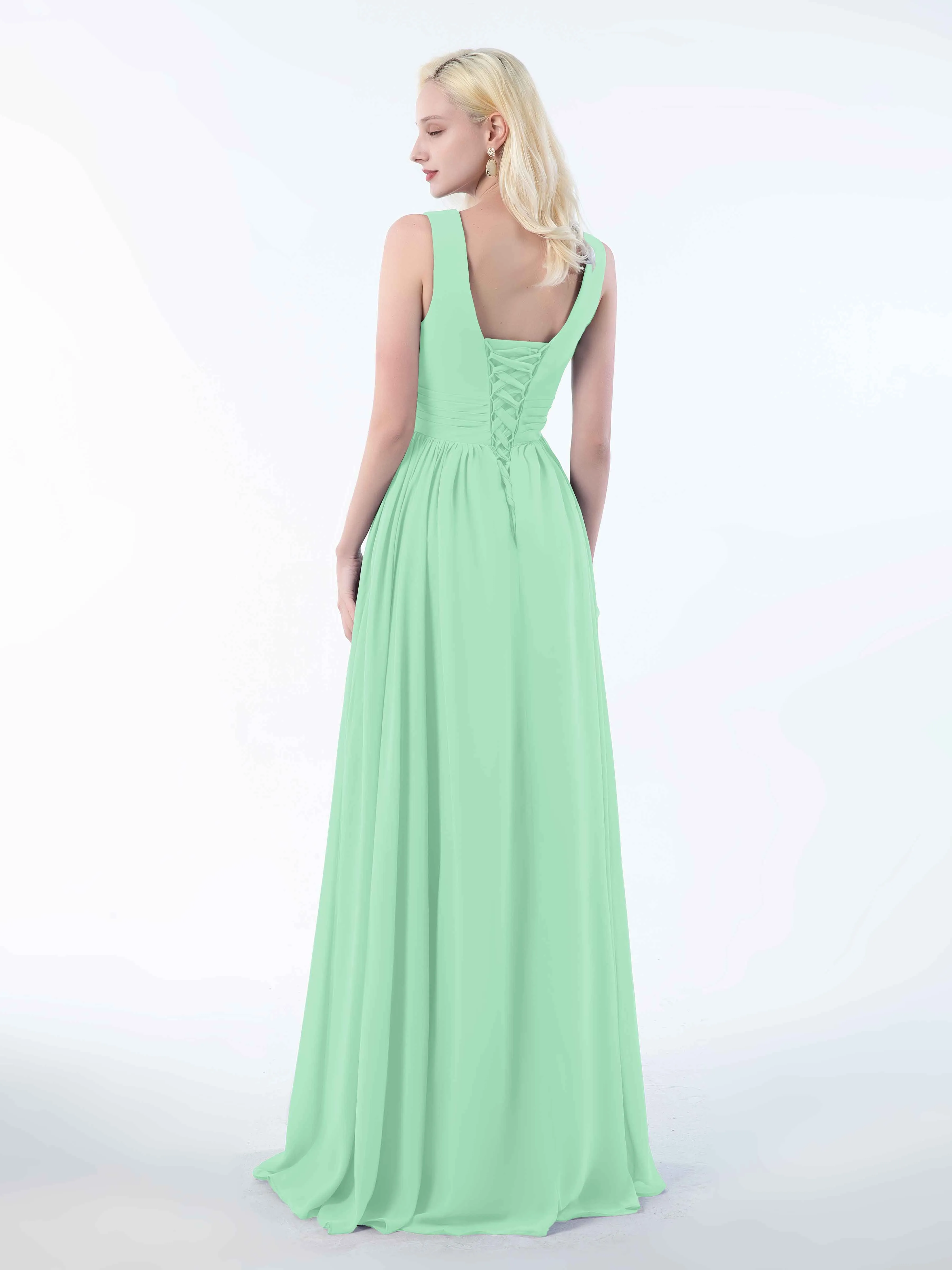 Khloe Flattering V Neck Pleated Floor Length Chiffon Bridesmaid Dresses